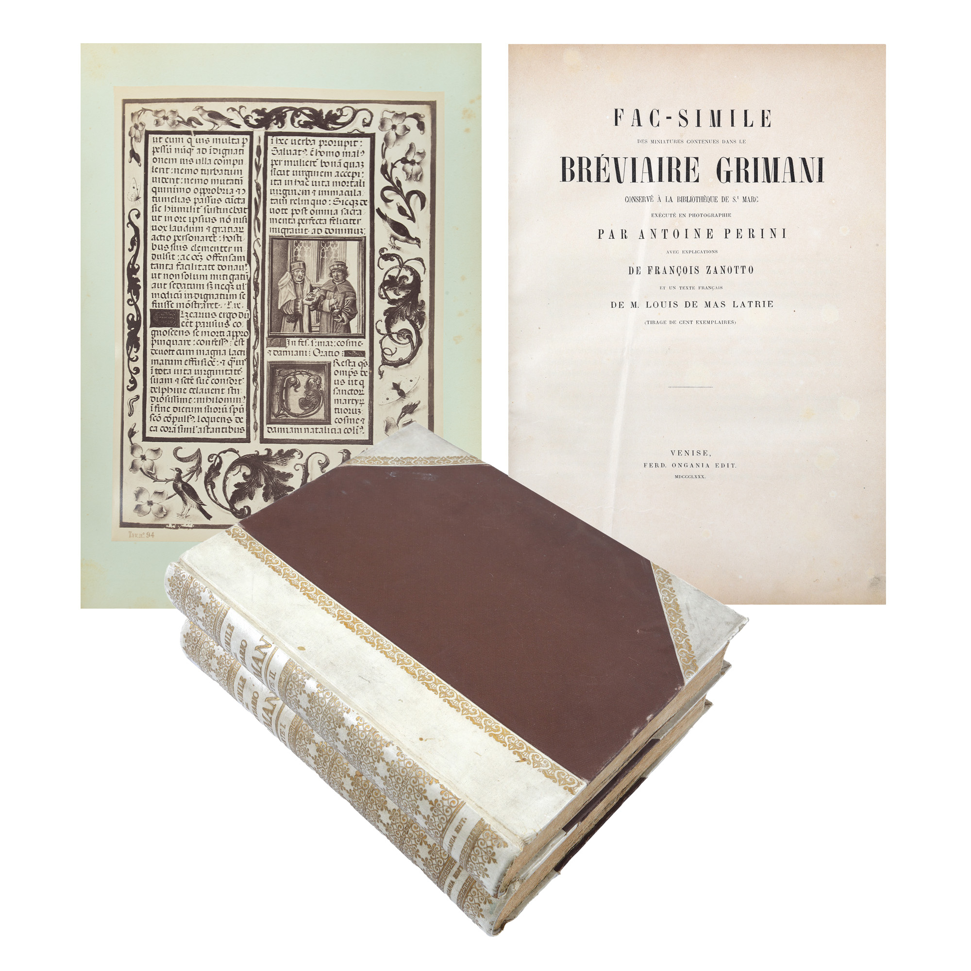 ”Facsimil al miniaturilor cuprinse în breviarul Grimani”, de François Zanotto și Louis de Mas Latrie, două volume, ediție bilingvă franceză-italiană, Veneția, 1880, cu cromolitografii de Antoine Perini, tiraj general de 100 exemplare
