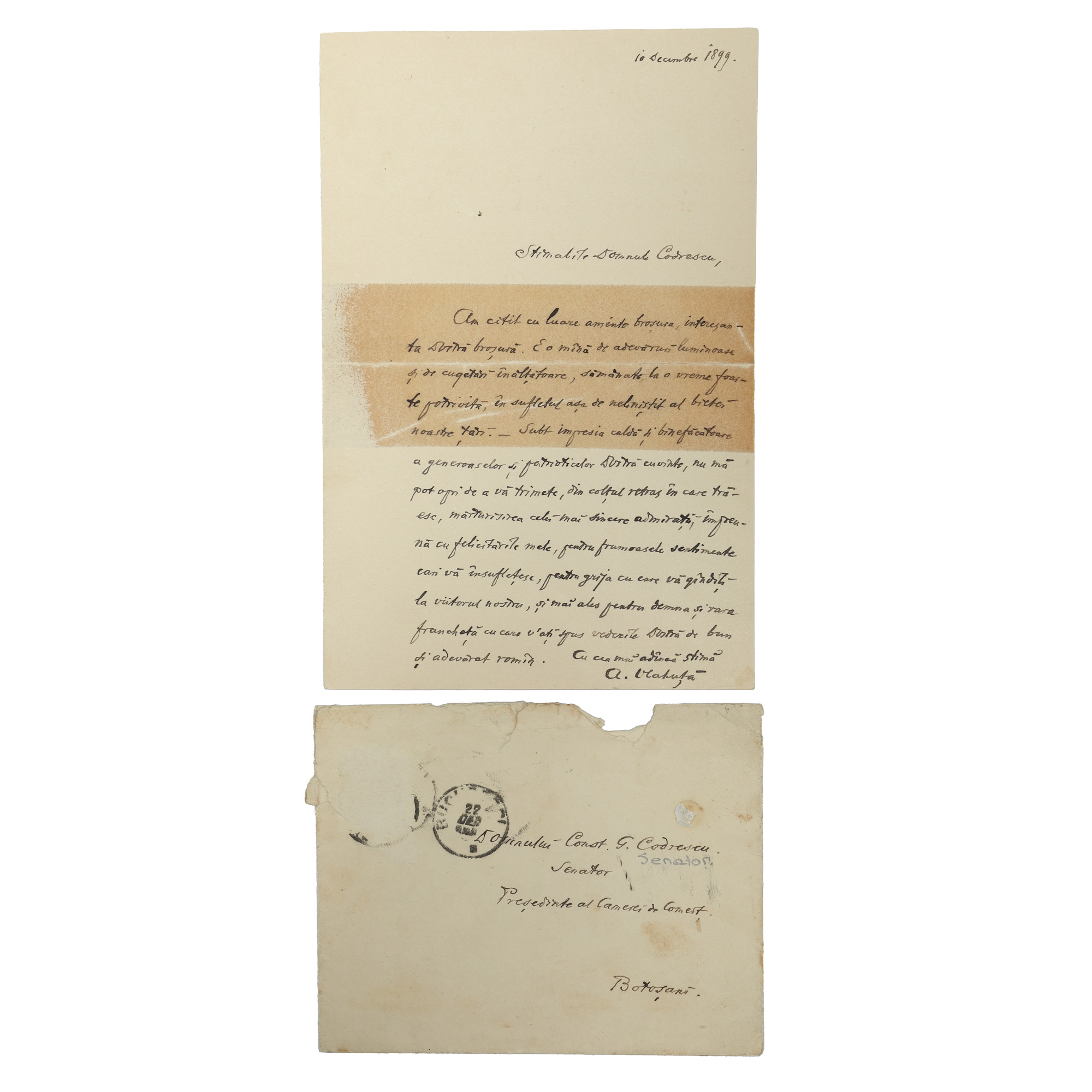 Thank You Letter Sent by Alexandru Vlahuță to Senator Constantin Codrescu, December 10, 1899, with Original Envelope