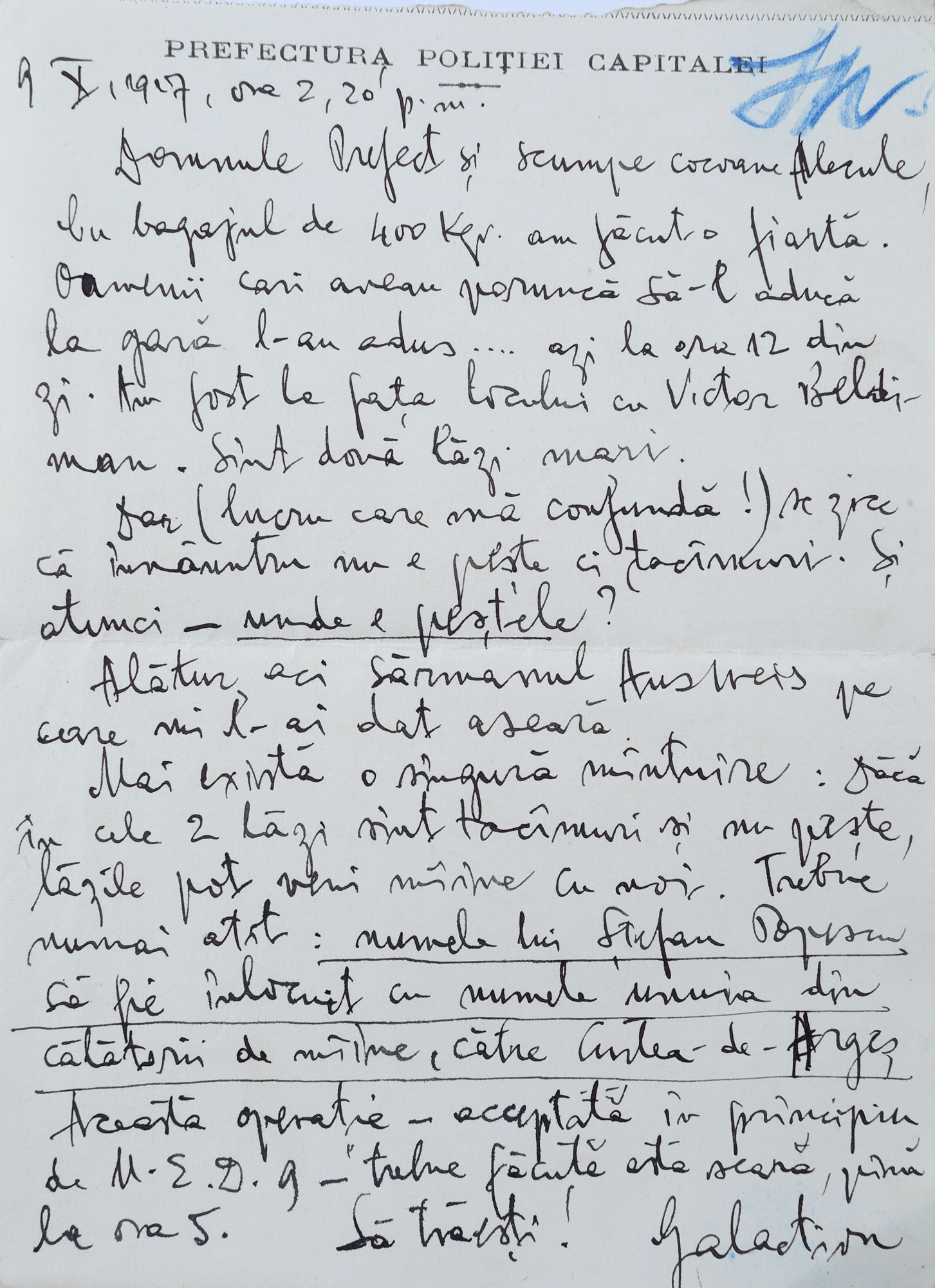 Scrisoare adresată de către Gala Galaction prefectului poliției capitalei Alexandru Tzigara Samurcaș în timpul Primului Război Mondial, 9 octombrie 1917, provine din colecția istorică Șerban Țuculescu-Maria Galaction