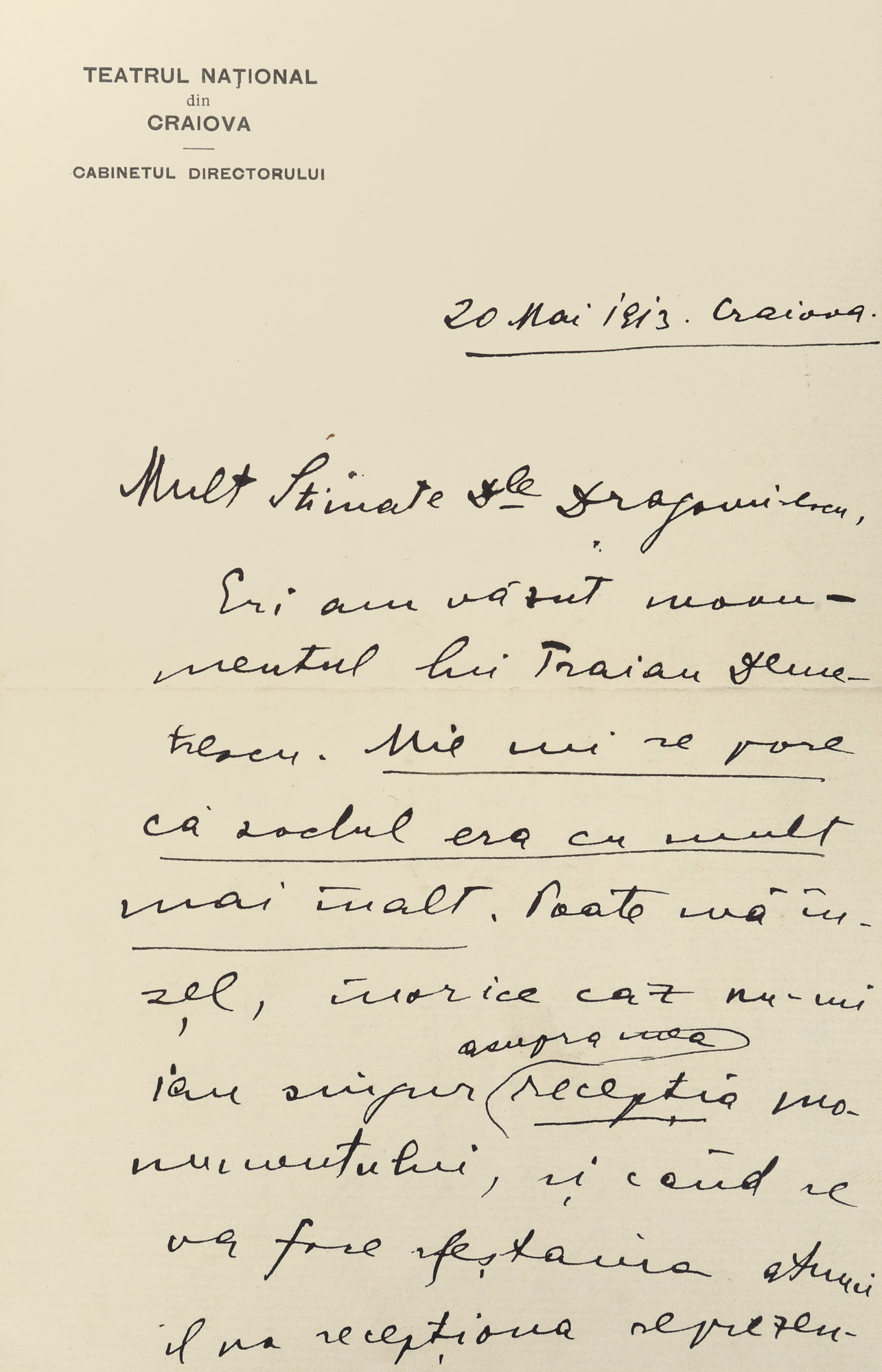 Letter sent by Emil Gârleanu to Mihail Dragomirescu, Craiova, May 20, 1913, with handwritten signature (2 pages)