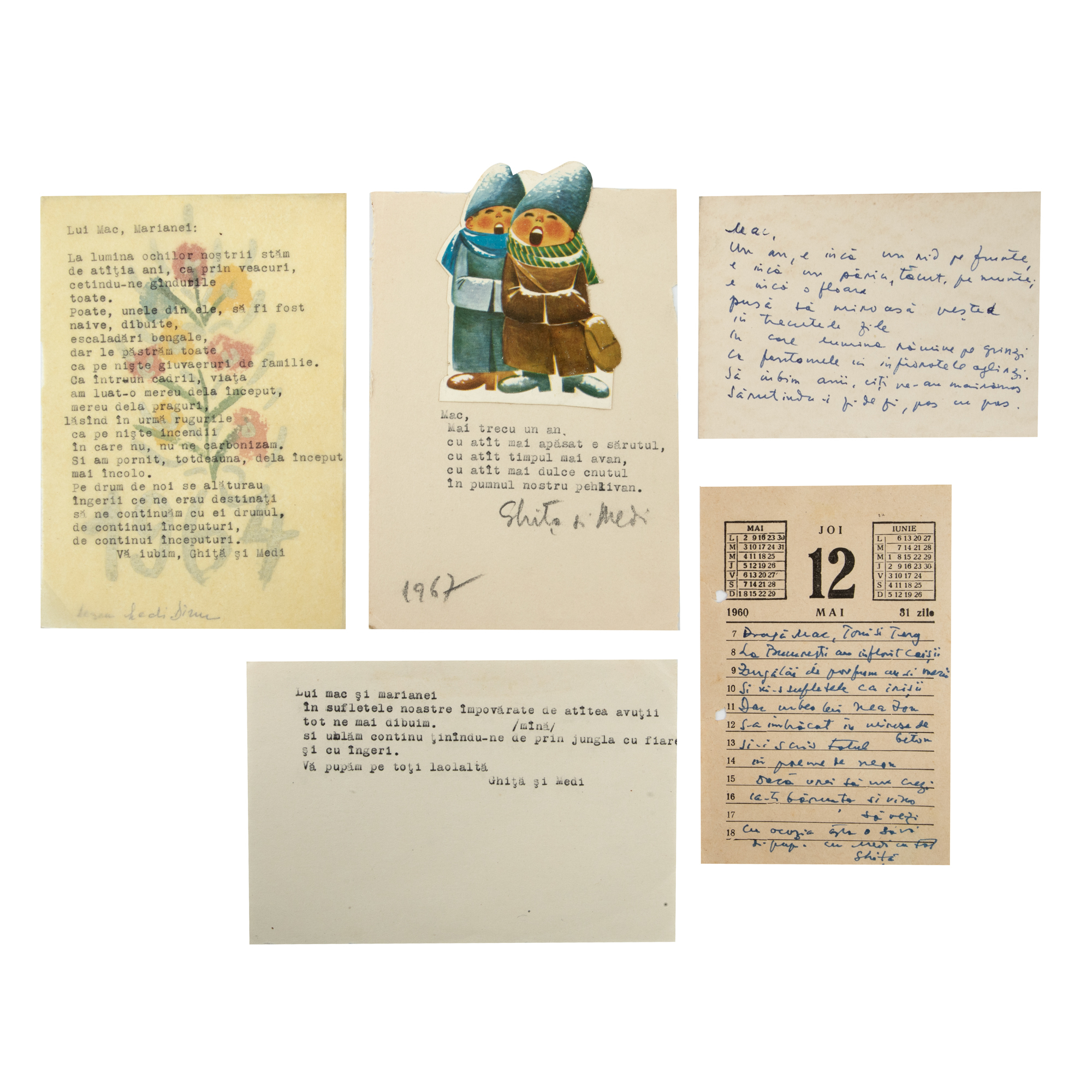 Lot composed of five manuscripts by Gheorghe Dinu (Stephan Roll) and Medi Dinu, addressed and gifted to George Macovescu, with handwritten signatures, 1960-1971, originating from the George Macovescu archive.