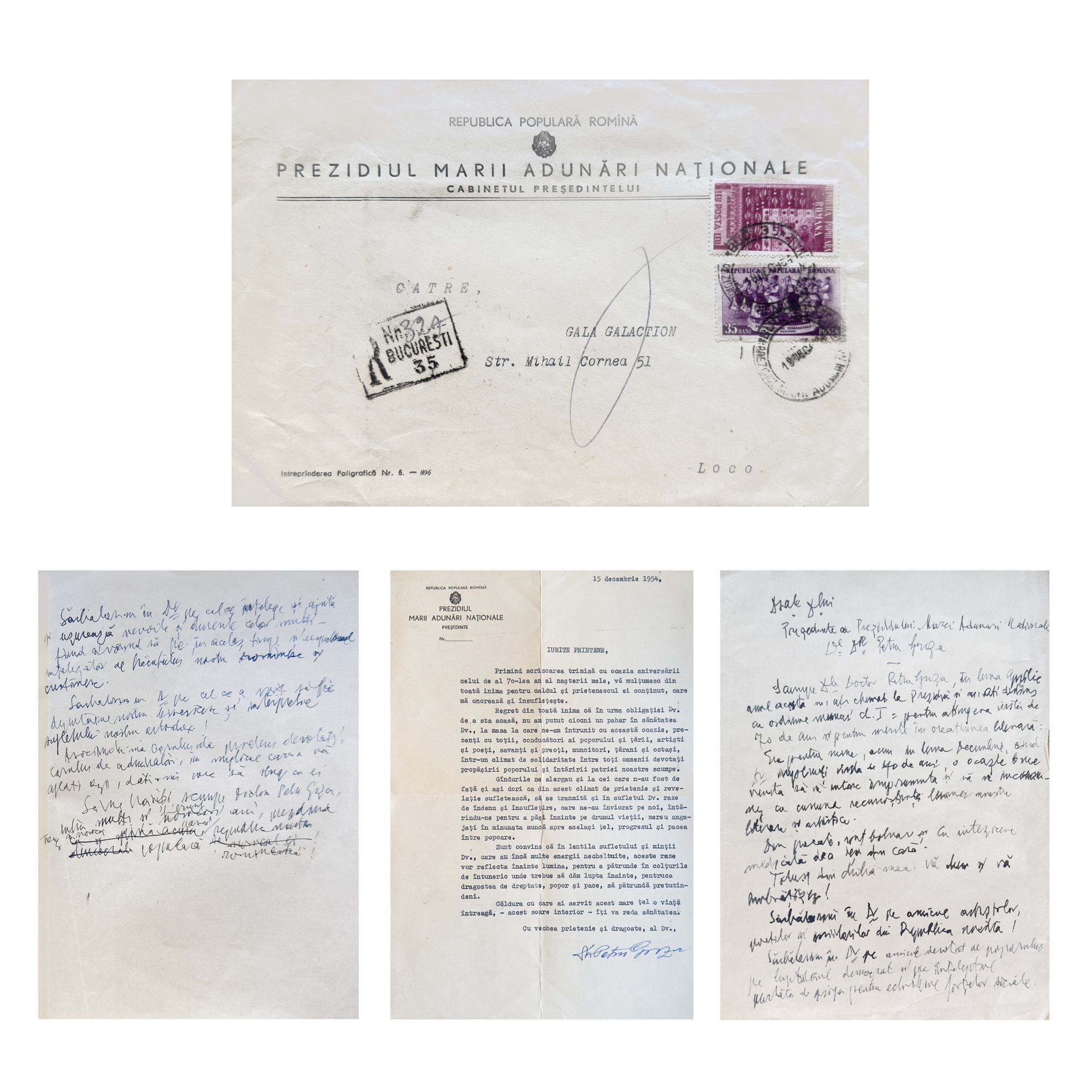 Corespondență dintre Părintele Gala Galaction și Petru Groza, președintele Marii Adunări Naționale, 1954, cu semnătură olografă, provine din colecția istorică Șerban Țuculescu-Maria Galaction
