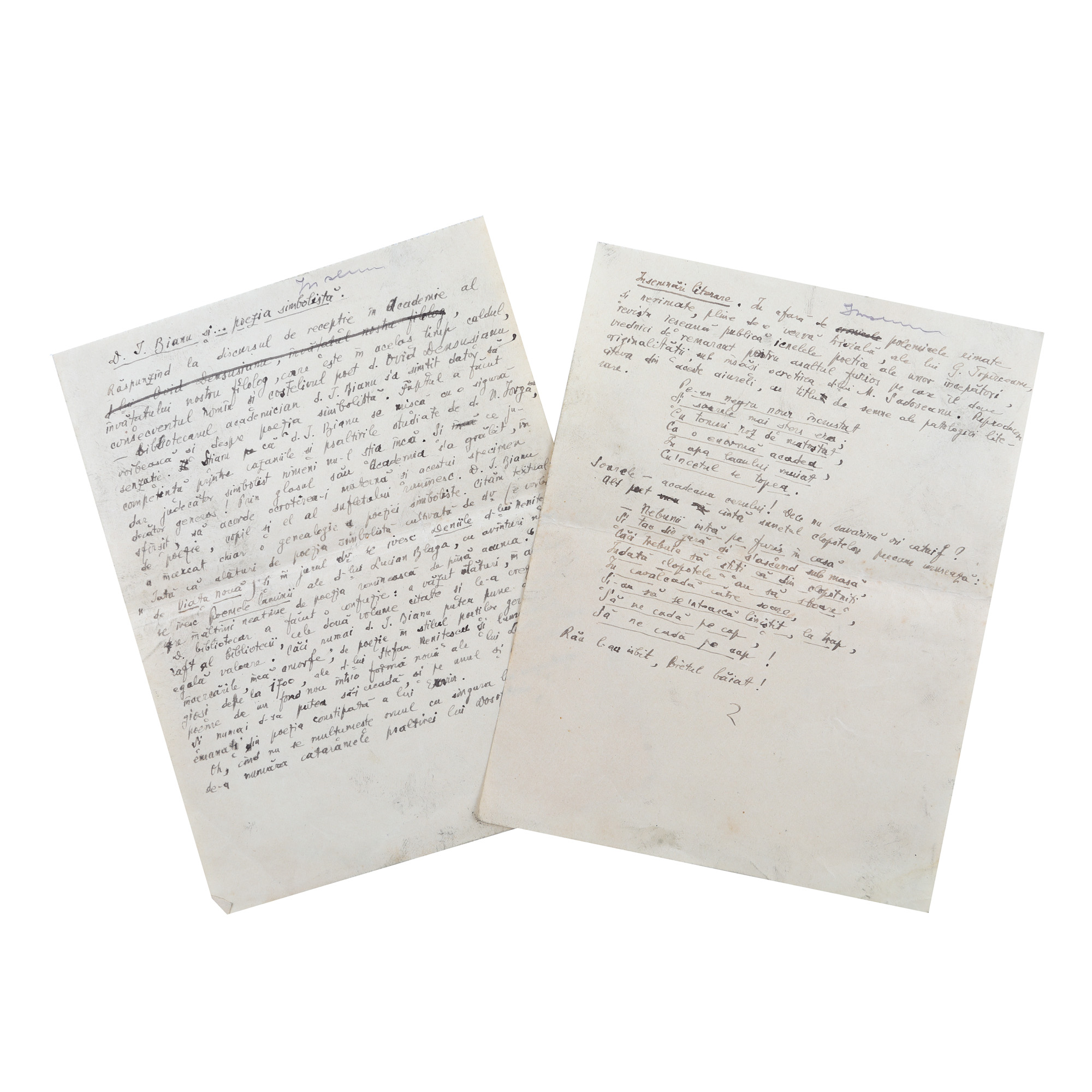 Lot format din 2 manuscrise, ”D. I. Bianu și ... poezia simbolistă”, alături de "Însemnări literare", de Nichifor Crainic, cca. 1920 (2 file)