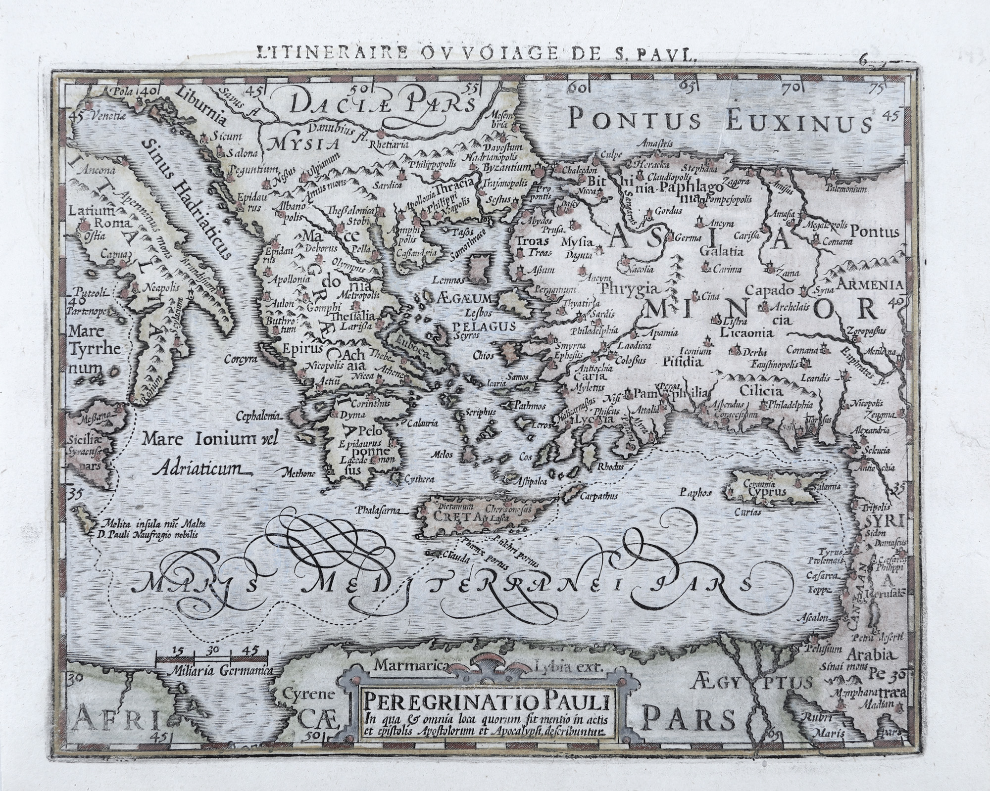 Hartă ”Pelerinajul Apostolului Paul conform Actelor și Epistolelor, cuprinzând bazinul Mării Mediterane”, de Jodocus Hondius cel Bătrân și Gerardus Mercator, Londra, începutul sec. XVIII