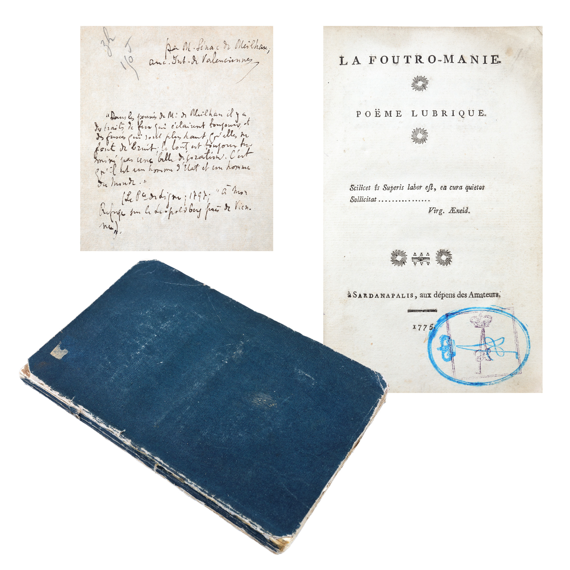 La Foutromanie, Poeme lubrique, Sardanapalis, 1775, cu ex-libris și o însemnare olografă, exemplar din prima ediție