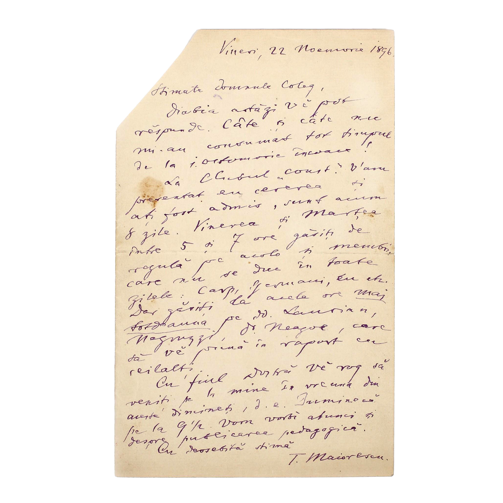 Holographic Letter from Titu Maiorescu referring to the Central Conservative Club of Bucharest, November 22, 1896.