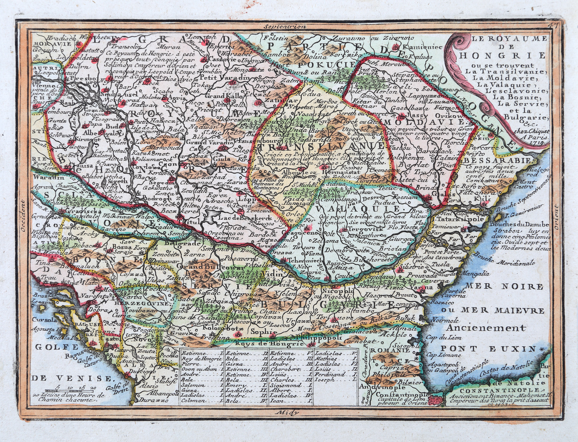 Hartă ”Regatul Ungariei, Transilvania, Moldova, Valahia, Bosnia, Serbia și Bulgaria”, de Jacques Chiquet, Paris, 1719