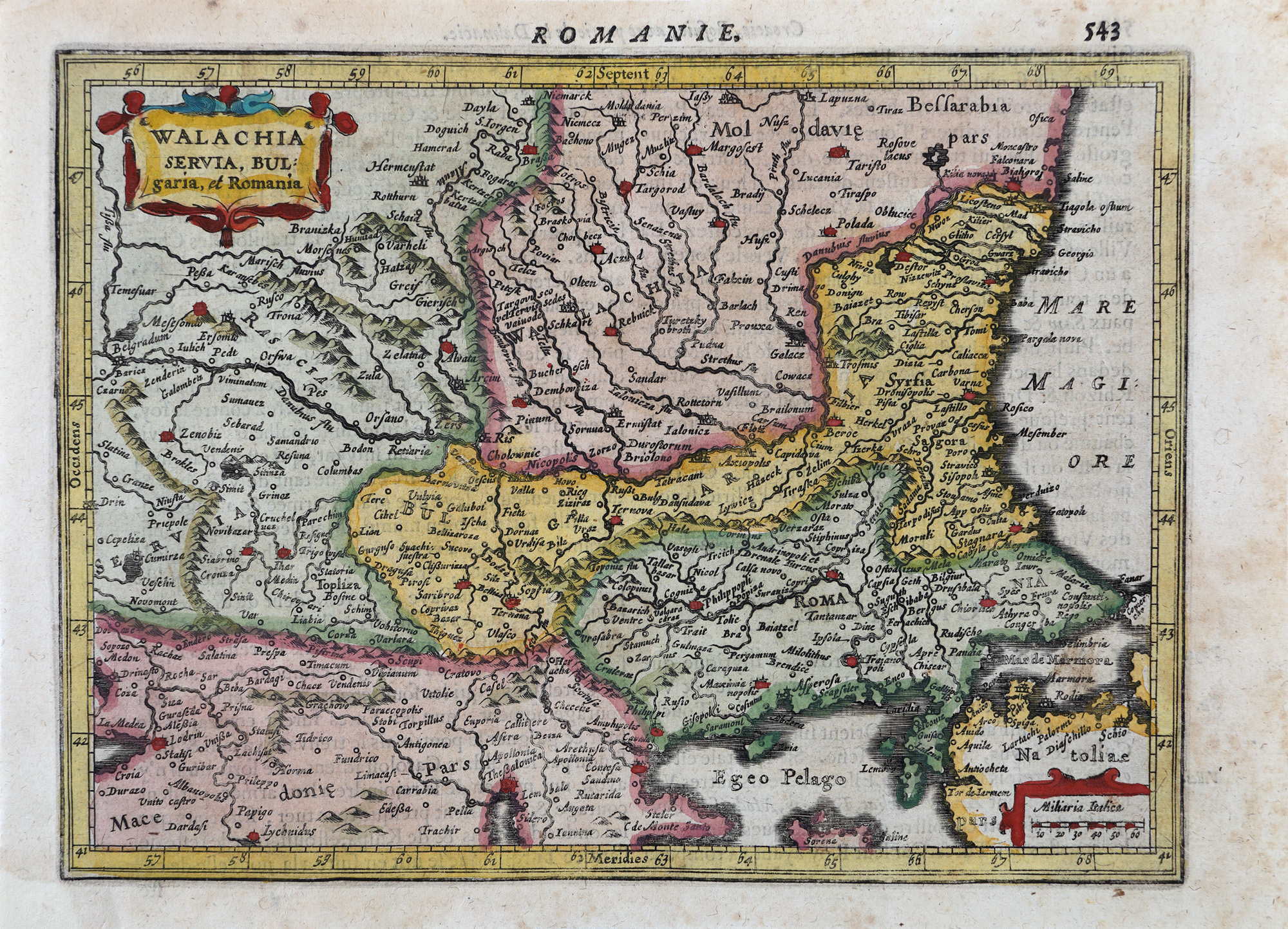 Hartă ”Valahia, Serbia, Bulgaria și Rumelia”, de Willem Janszoon Bleau, Amsterdam, începutul sec. XVIII