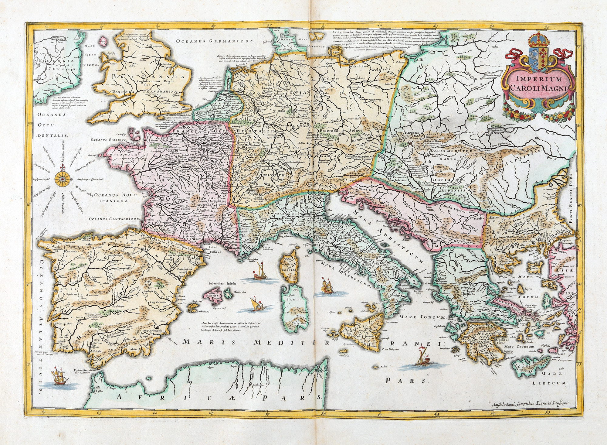 "Map 'Europe during the reign of Charlemagne' by Johannes Janssonius, Amsterdam, approx. 1700, collectible item"