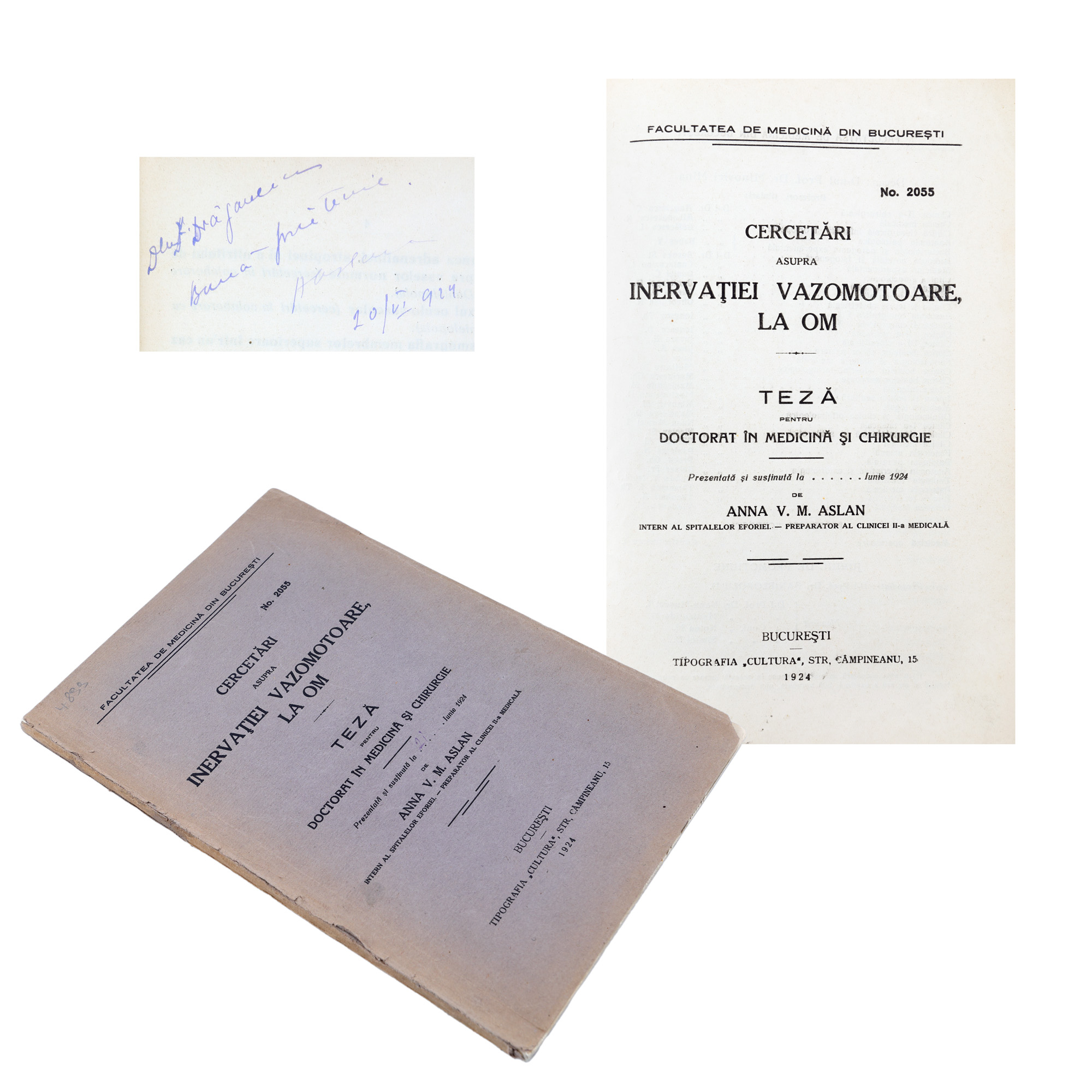"Research on the Vasomotor Innervation in Humans", doctoral thesis in medicine and surgery, by Ana Aslan, Bucharest, 1924, with a handwritten dedication and the author's signature