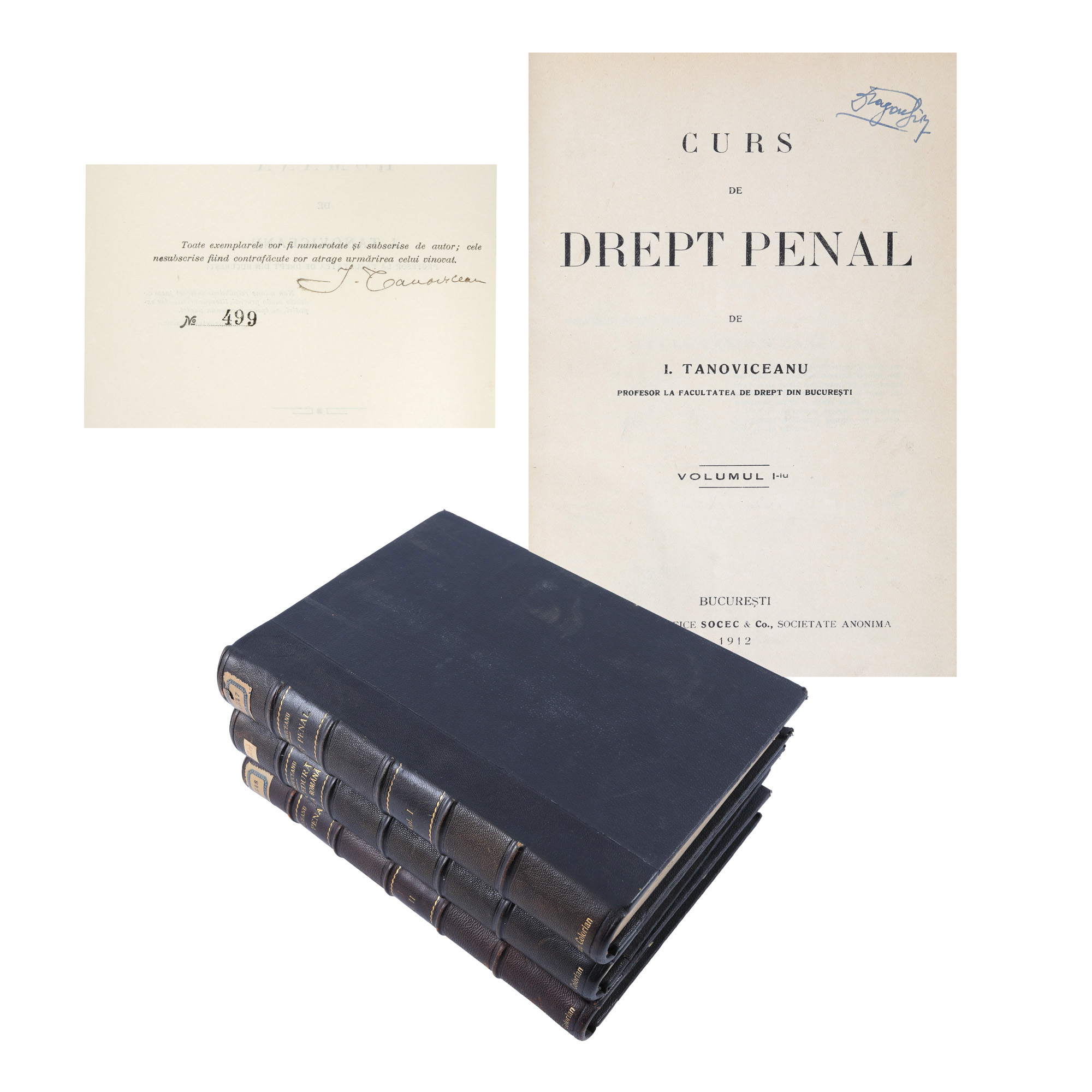 "Criminal Law", 2 vol., and "Criminal Procedure", by Prof. Ioan Tanoviceanu, Bucharest, 1912-1913, numbered, exemplar 1311, respectively 499, with the author's holographic signature, from Radu Colorian's library.