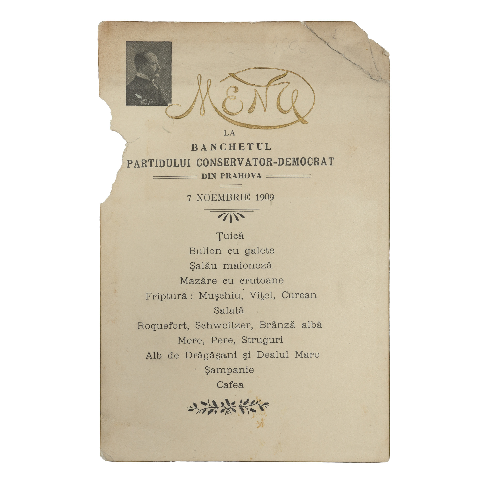 The Menu of the Conservative-Democrat Party Banquet in Prahova, November 7, 1909, with a toast and handwritten signature of Ion Luca Caragiale