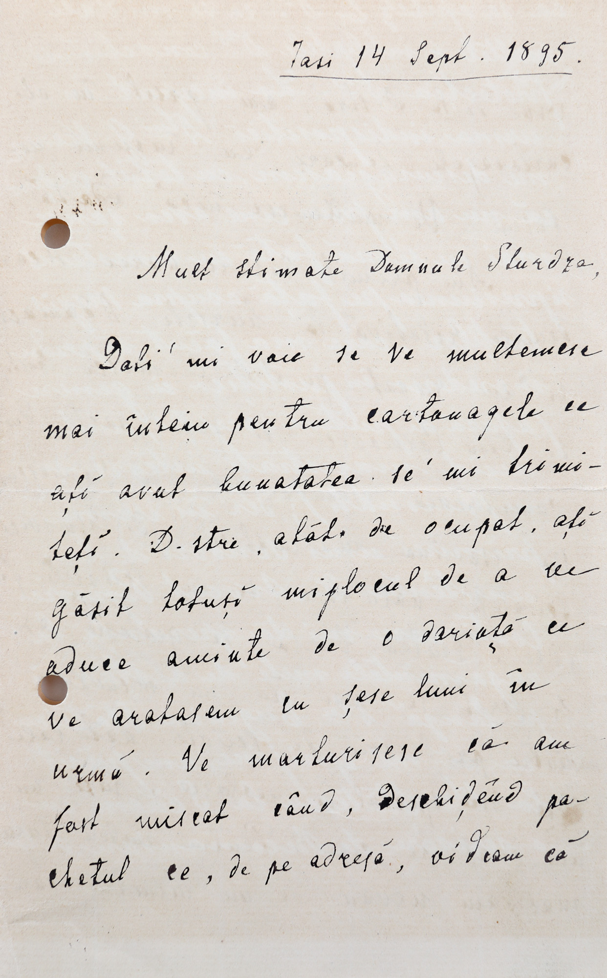 Scrisoare olografă a academicianului Petru Poni către secretarul general al Academiei Române Dimitrie A. Sturdza, cu semnătura olografă, Iași, 14 septembrie 1895