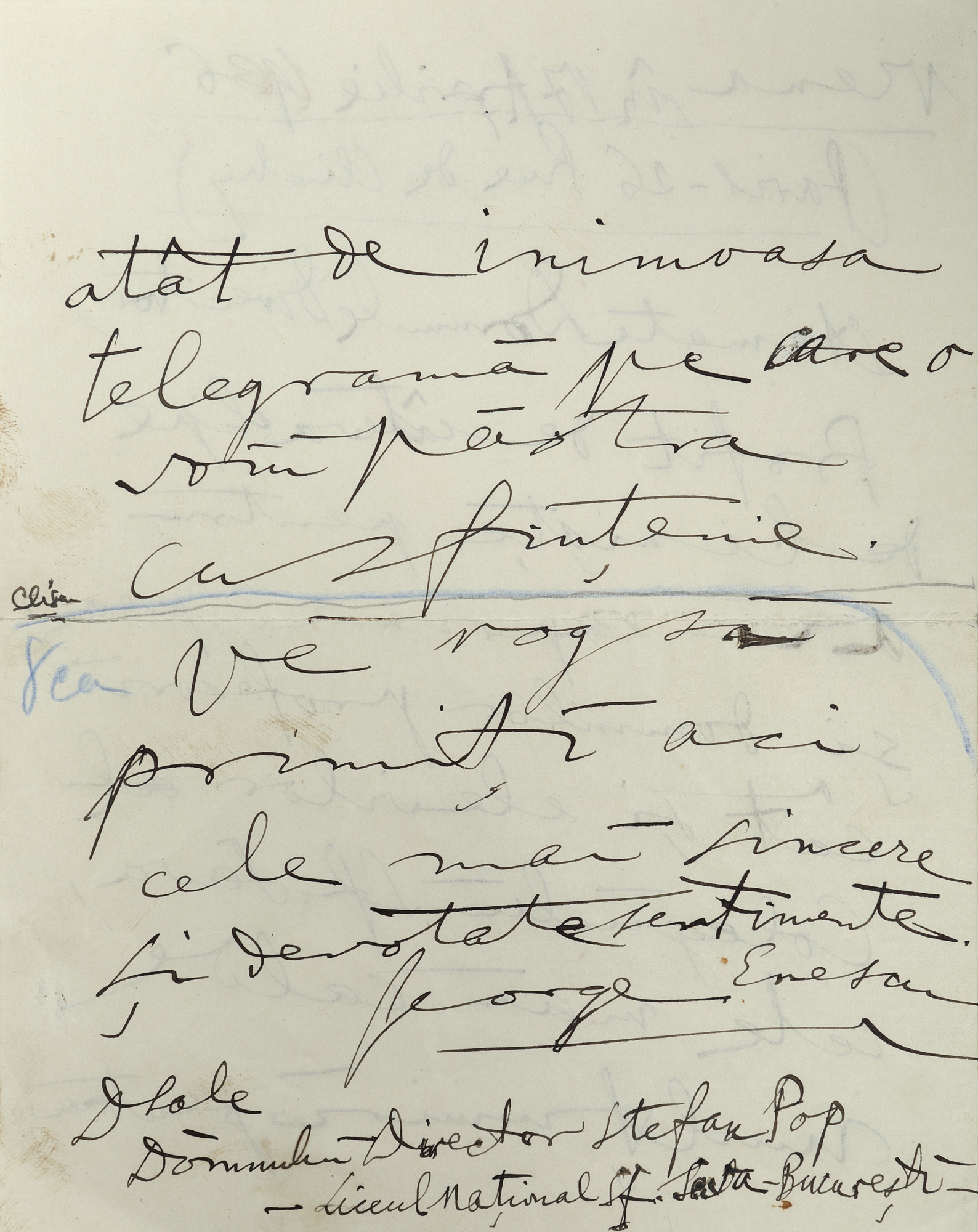 Scrisoare olografă de mulțumire trimisă de George Enescu de la Paris către directorul Liceului Sfântul Sava din București, 17 aprilie 1936