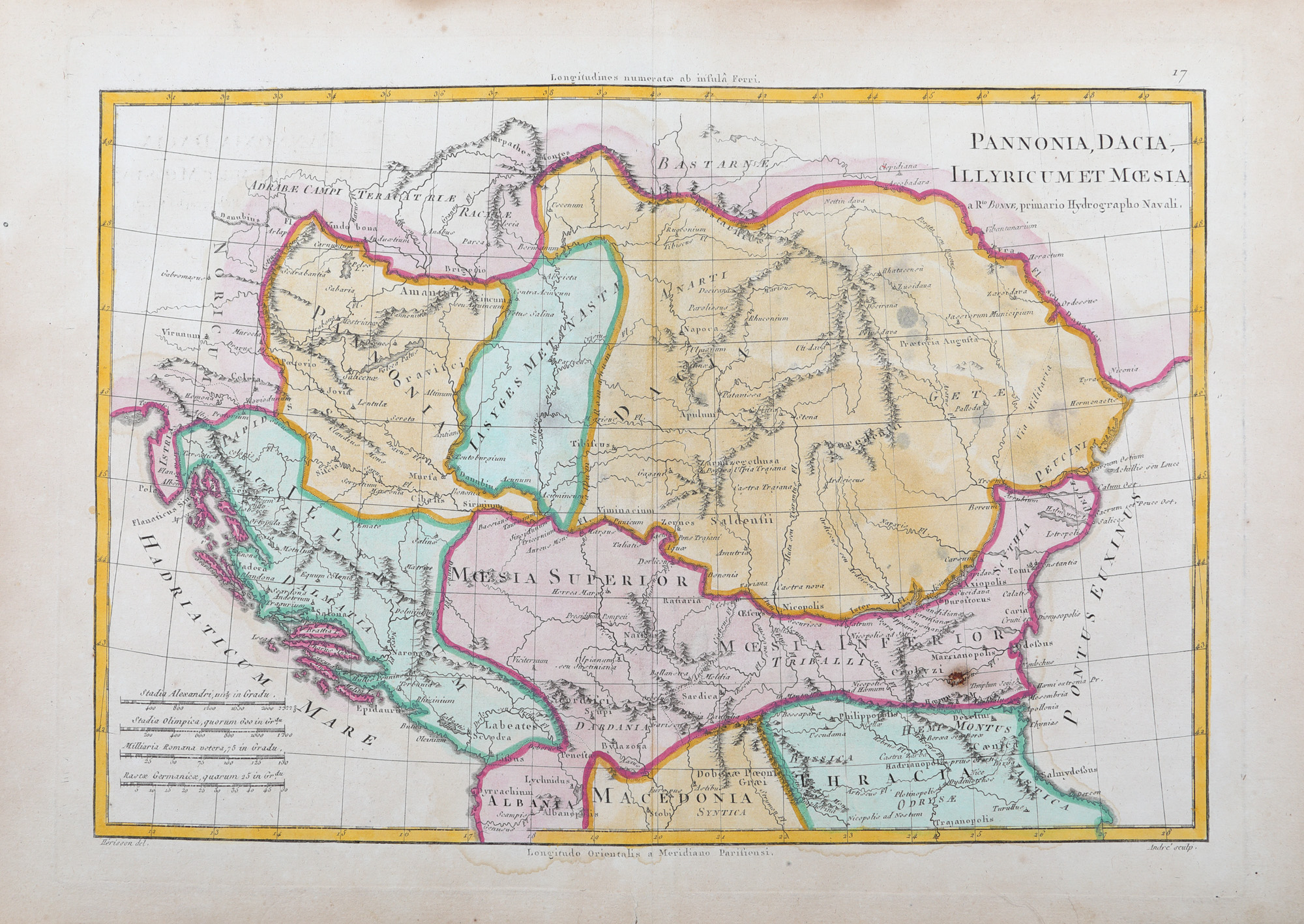 Hartă ”Panonia, Dacia, Iliria și Moesia”, de Rigobert Bonne, Paris, 1787