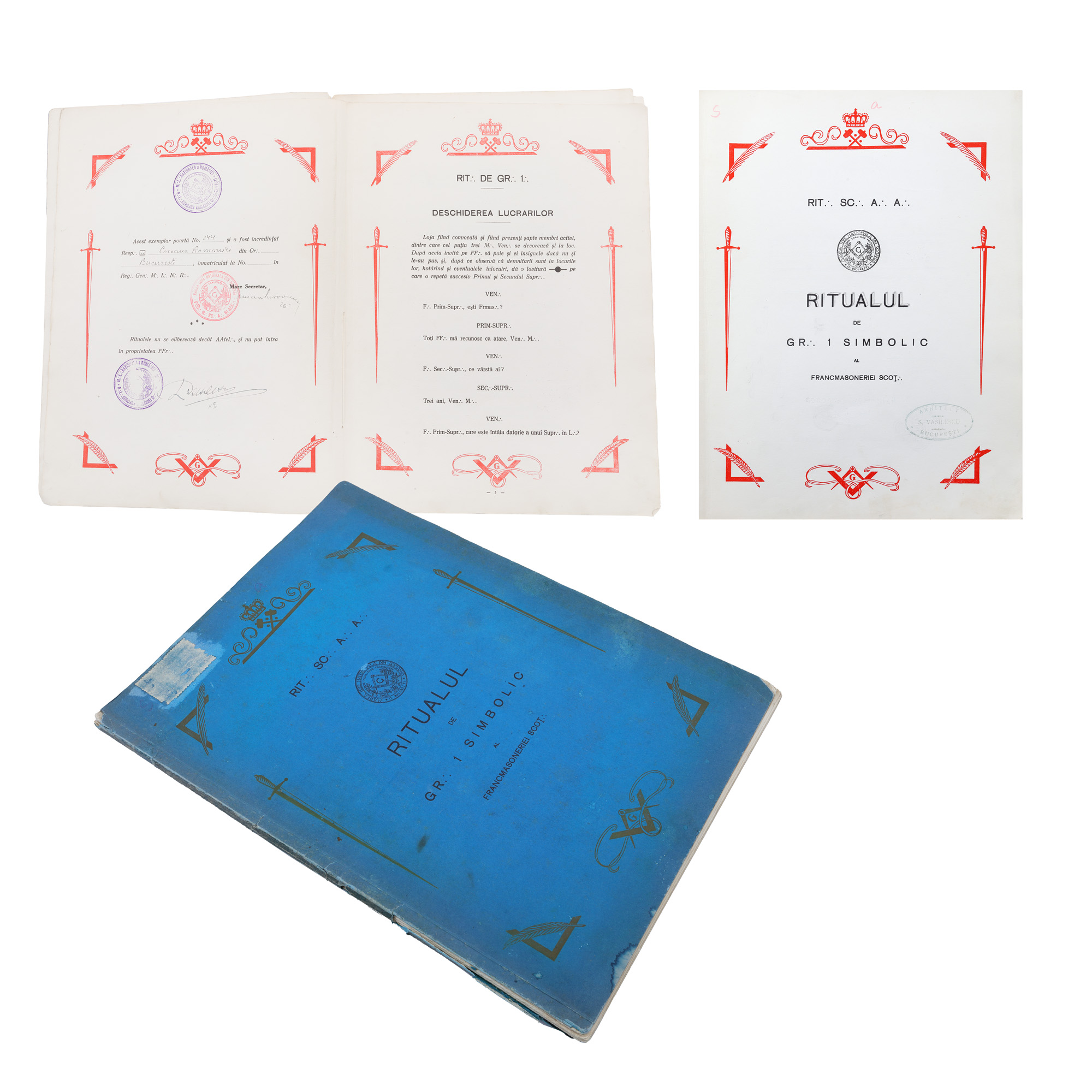 "Symbolic Grade 1 Ritual of Scottish Freemasonry", Bucharest, [1926], numbered copy 244 and ex-libris of the architect Simion Vasilescu, collector's item