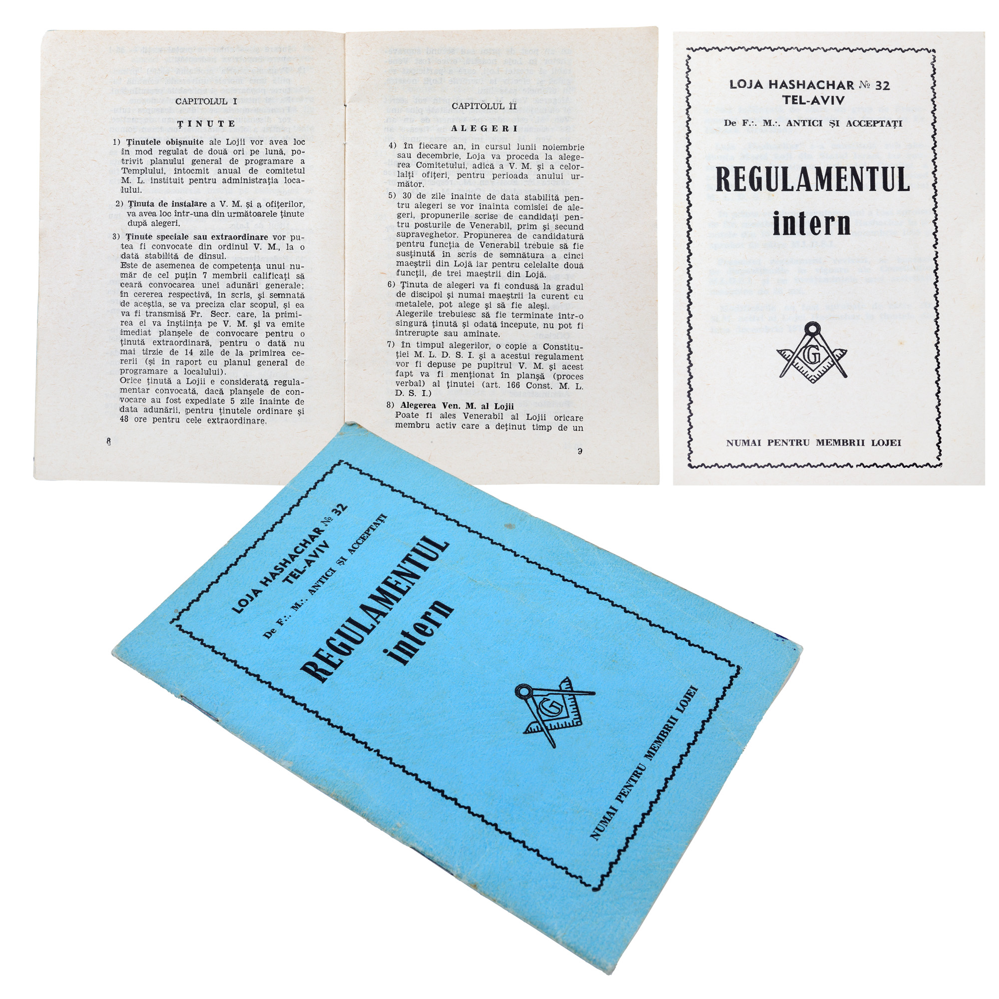 ”Regulamentul intern al Lojii Hashachar, nr. 32”, Tel Aviv, aprilie 1972, raritate