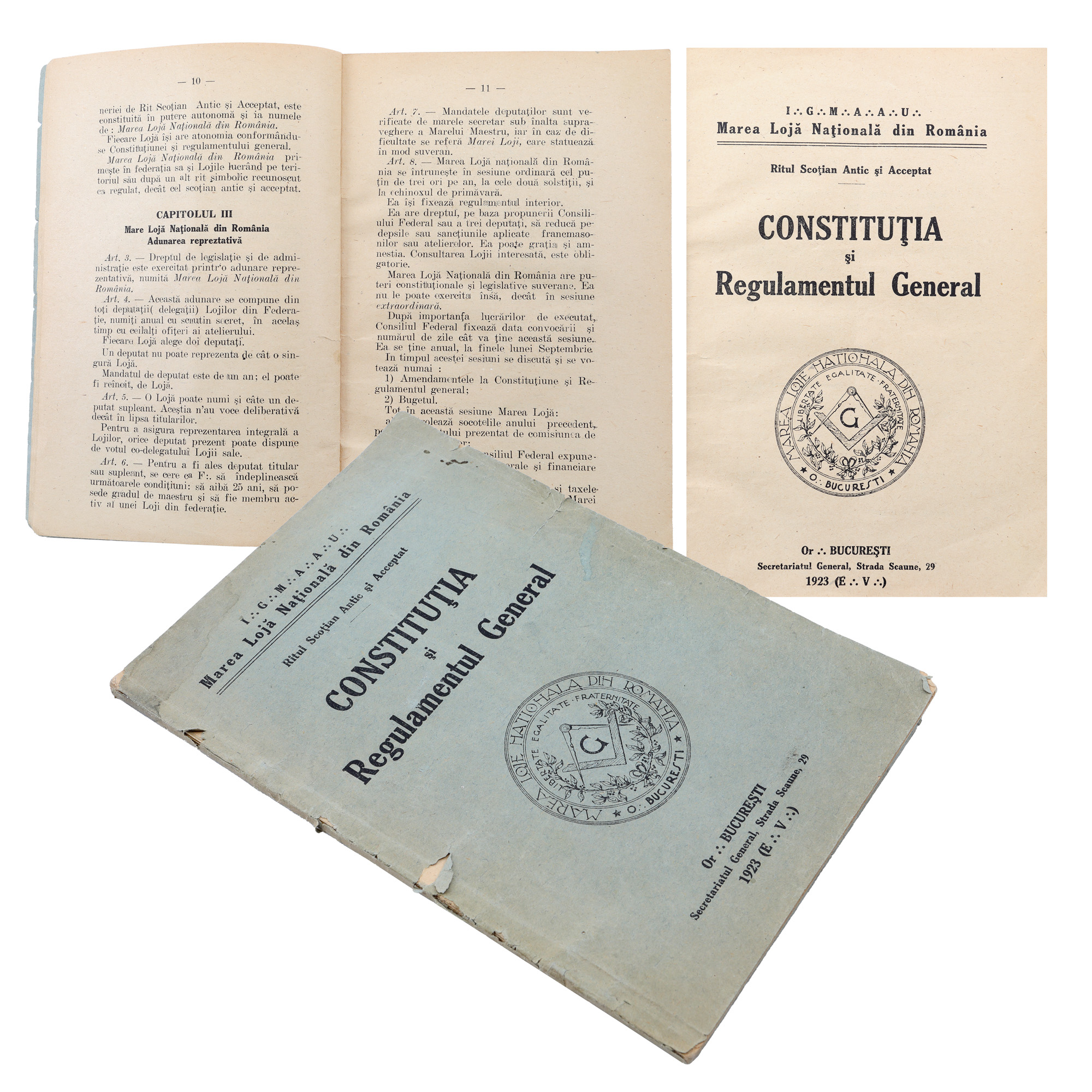 ”Constituția și Regulamentul General al Marii Loji Naționale din România”, București, 1923, piesă rară, de colecție