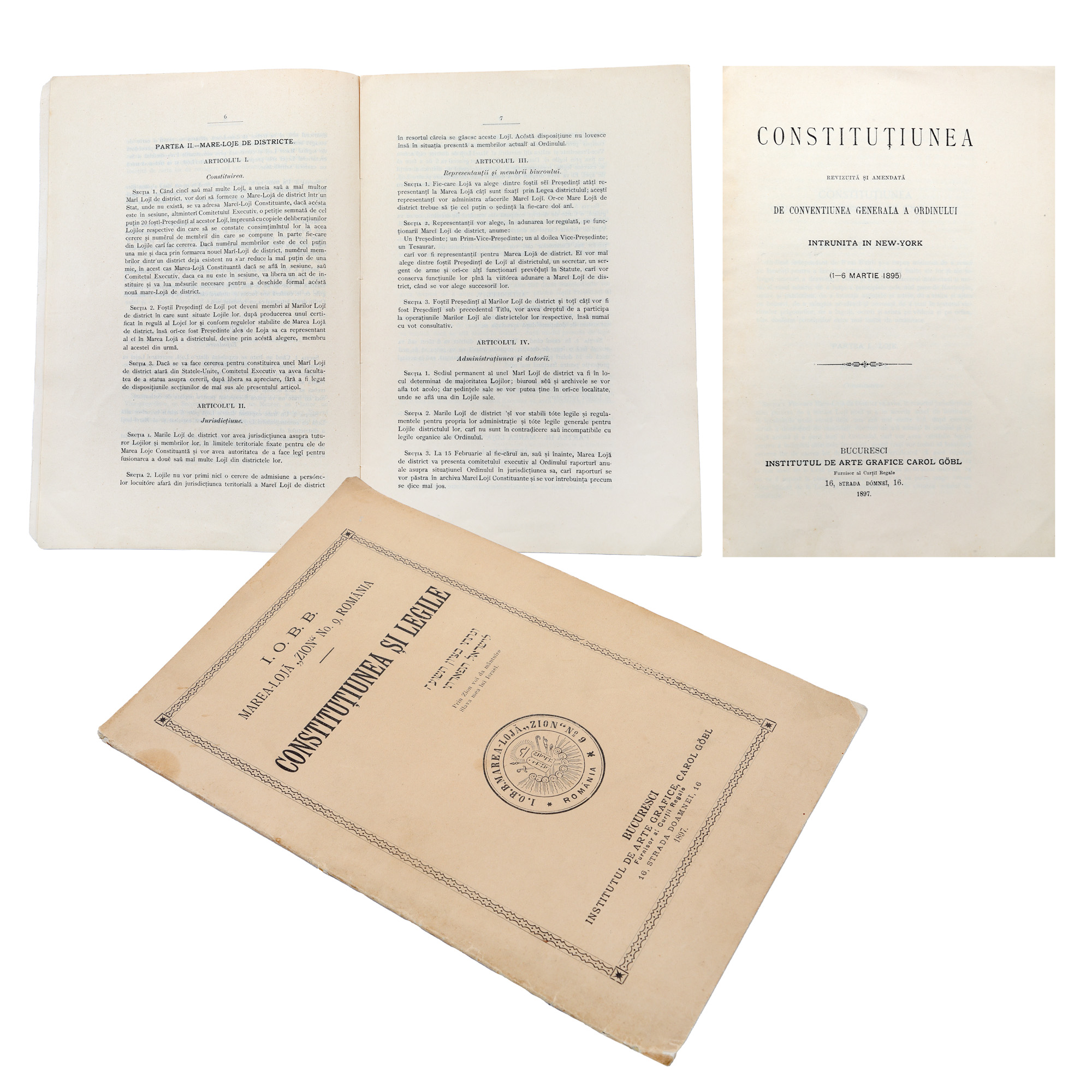 "Grand Lodge Zion No. 9, Romania. Constitution and Laws", Bucharest, 1897, extremely rare, collector's item