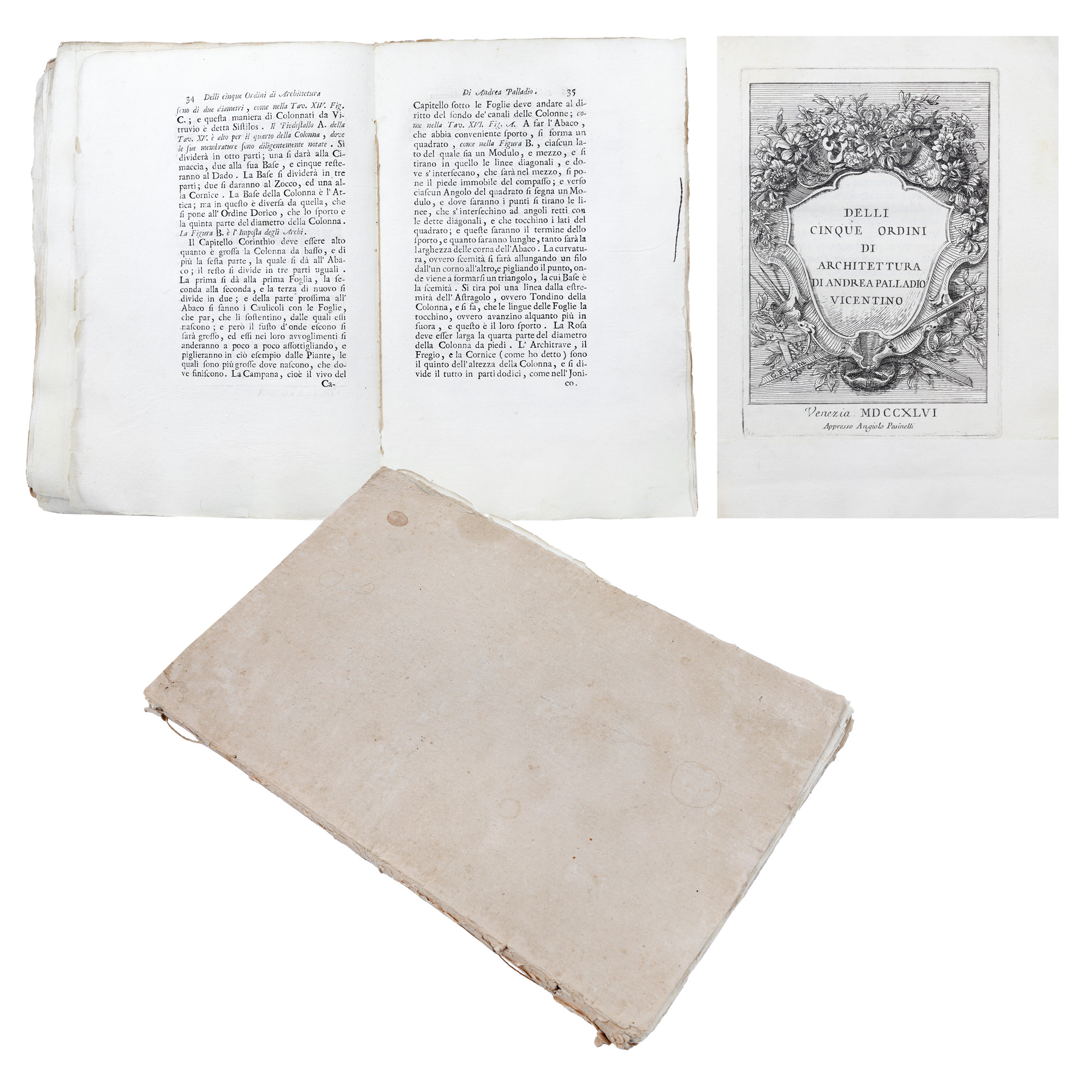 "The Five Orders of Architecture" (Delli Cinque Ordini di Architettura), by Andrea Palladio, Venice, 1746, with 21 engravings by Giovanni Francesco Costa and ex-libris acad. Constantin Ionescu-Mihăieşti