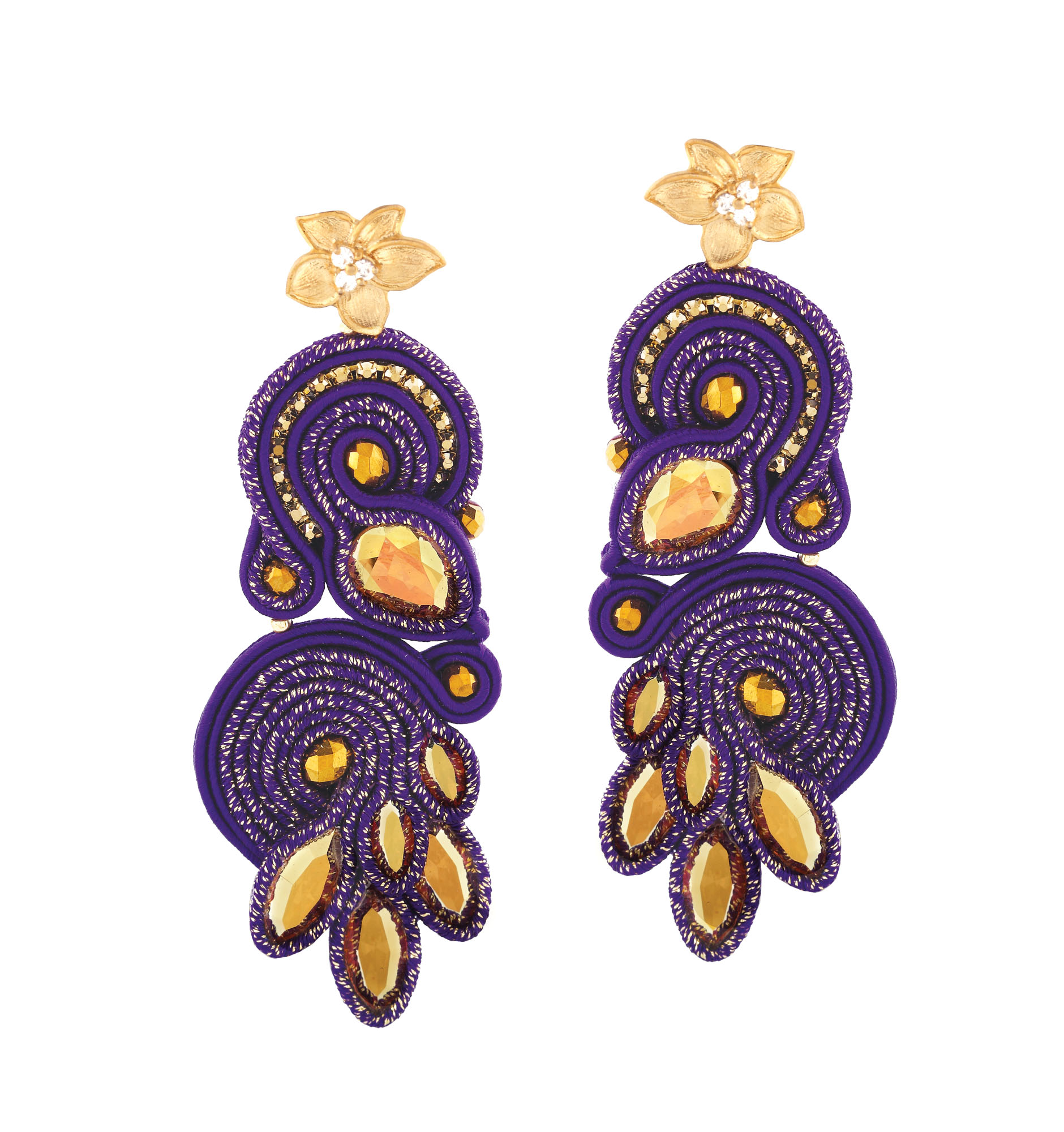 Pereche de cercei handmade, cromatică violet-auriu