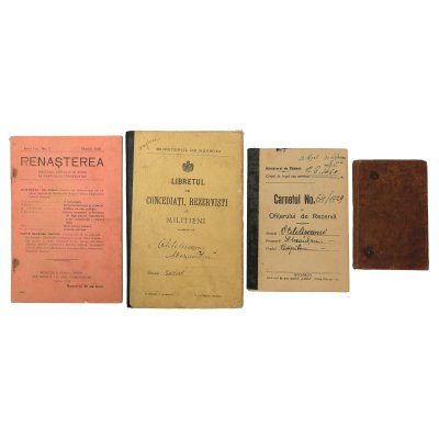 Lot complex format din permis de călătorie pe CFR, 2 livrete militare și revista ”Renașterea”, anul I, numărul 1, martie 1916, i-au aparținut lui Alexandru Otetelișanu, 1916-1930