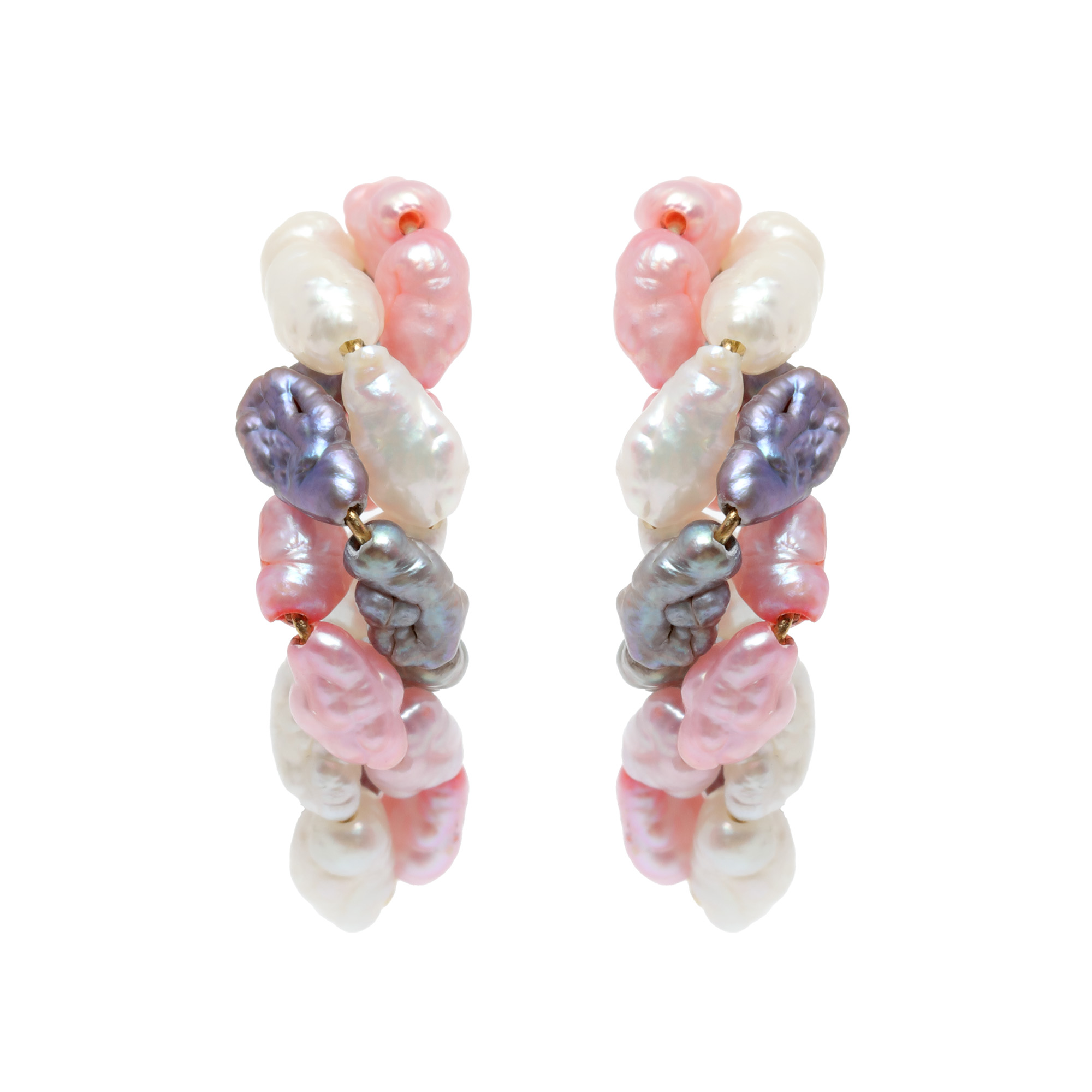 Pair of gold earrings adorned with multicolored pearls