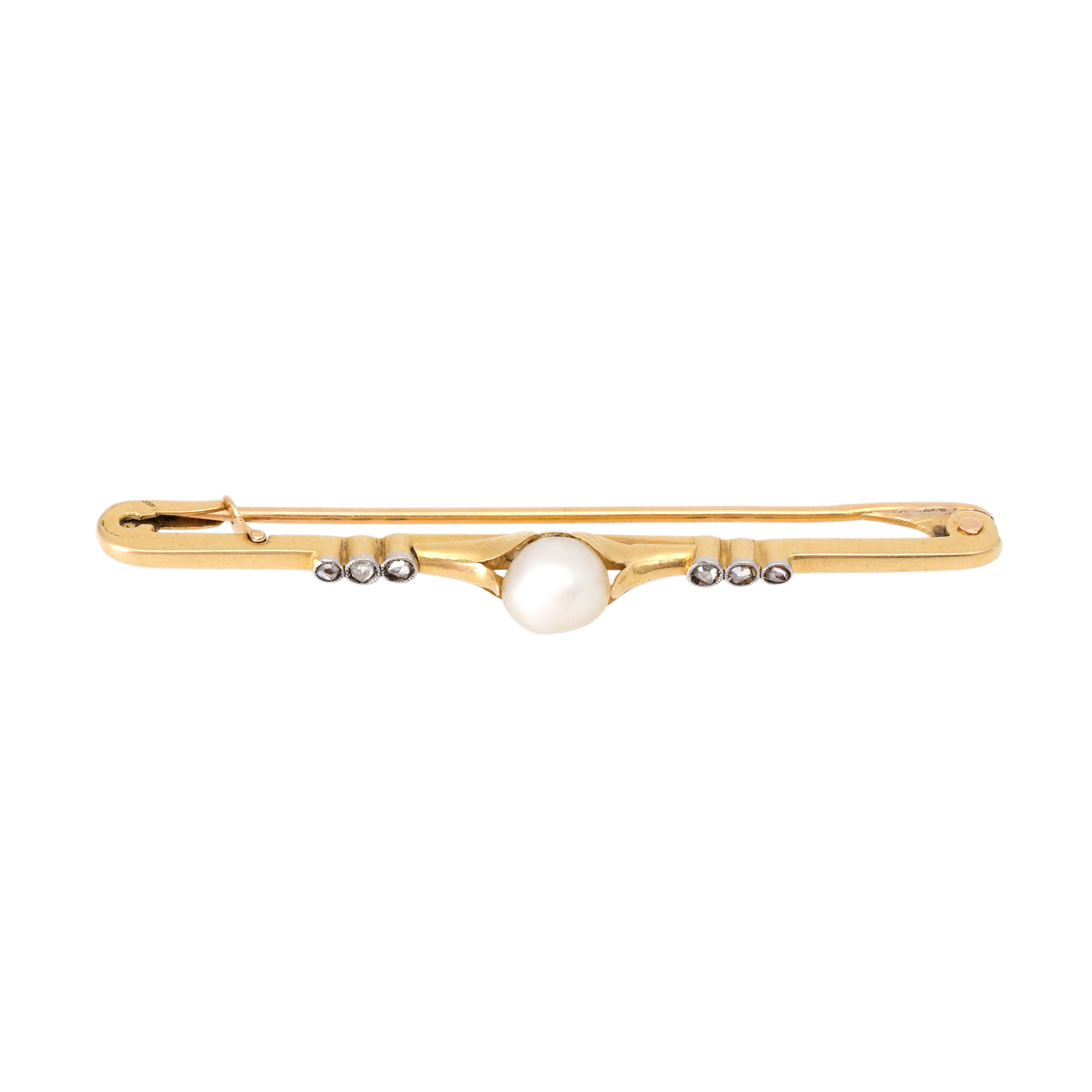 Gold and platinum brooch, decorated with pearl and diamonds
