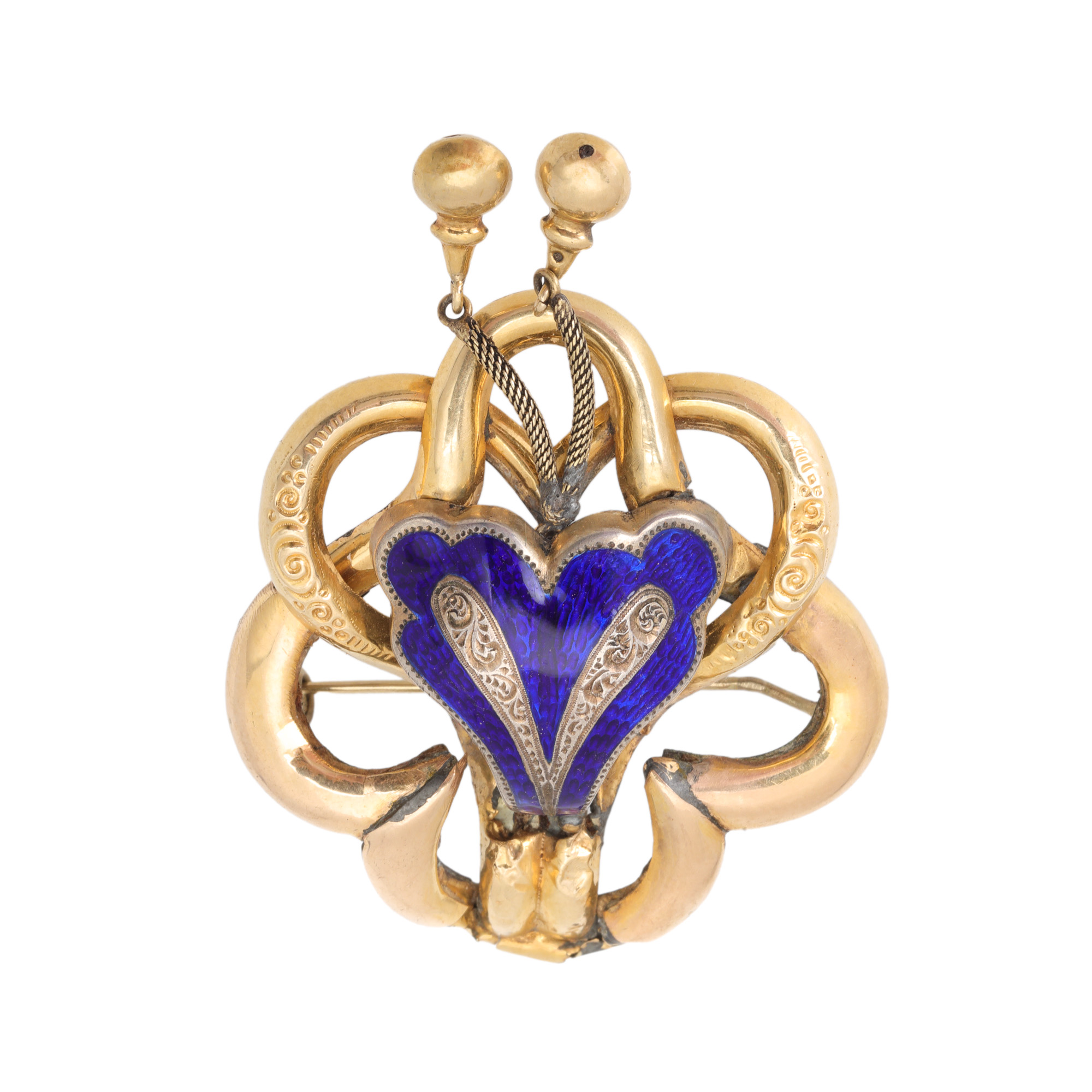 Gold and silver brooch, in Biedermeier style, decorated with enamel, approx. 1880