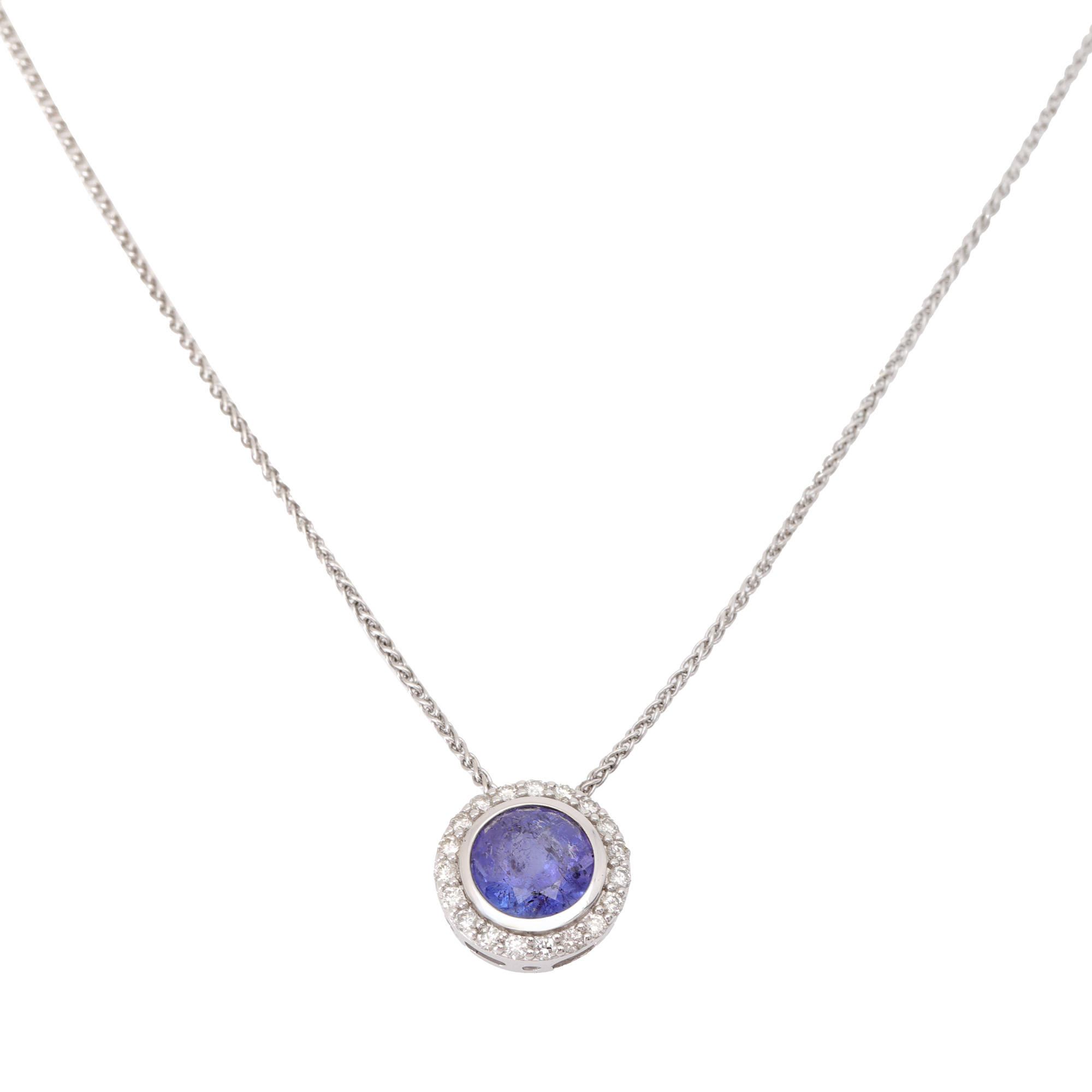White gold chain with tanzanite pendant, surrounded by diamonds