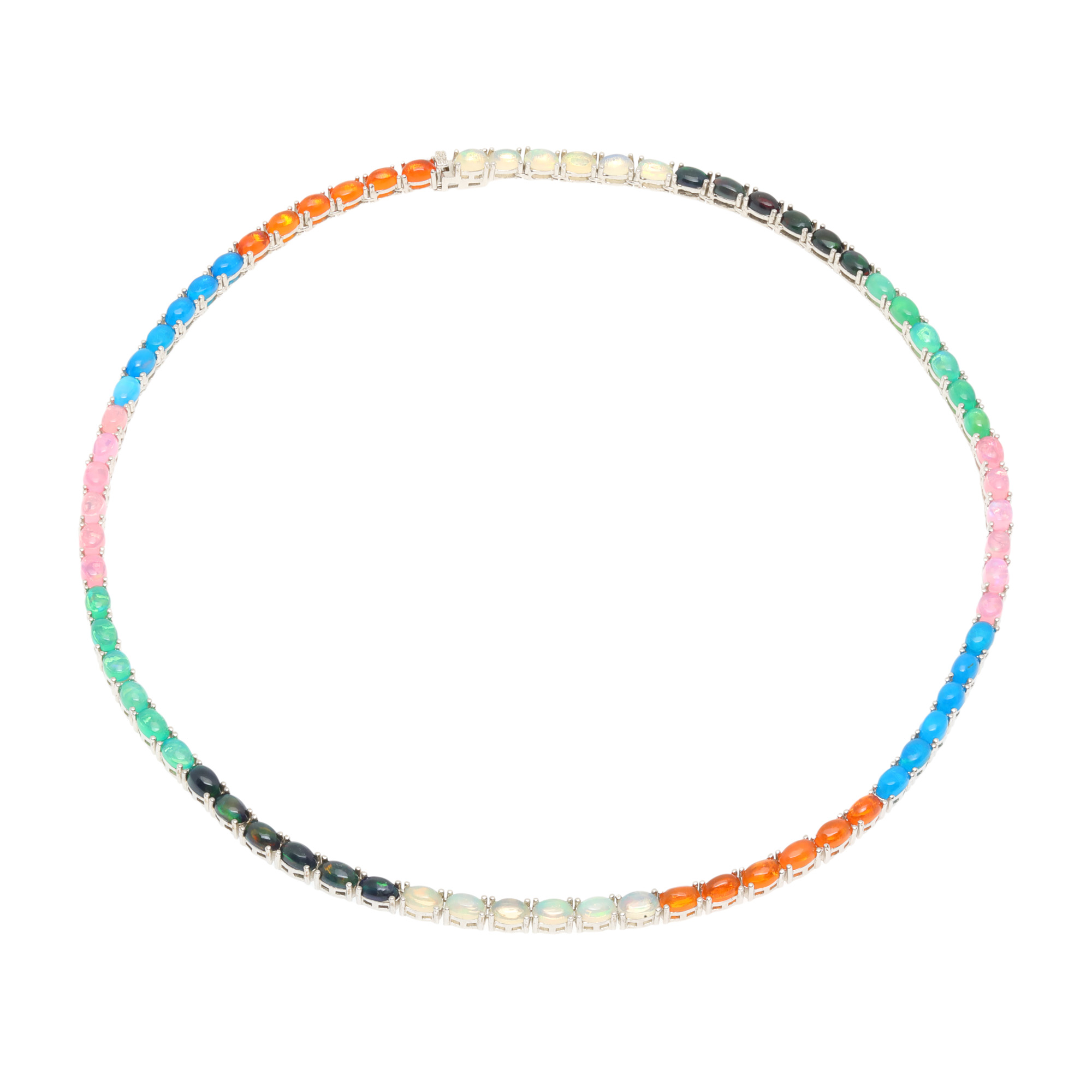 Silver necklace, decorated with multicolored opals