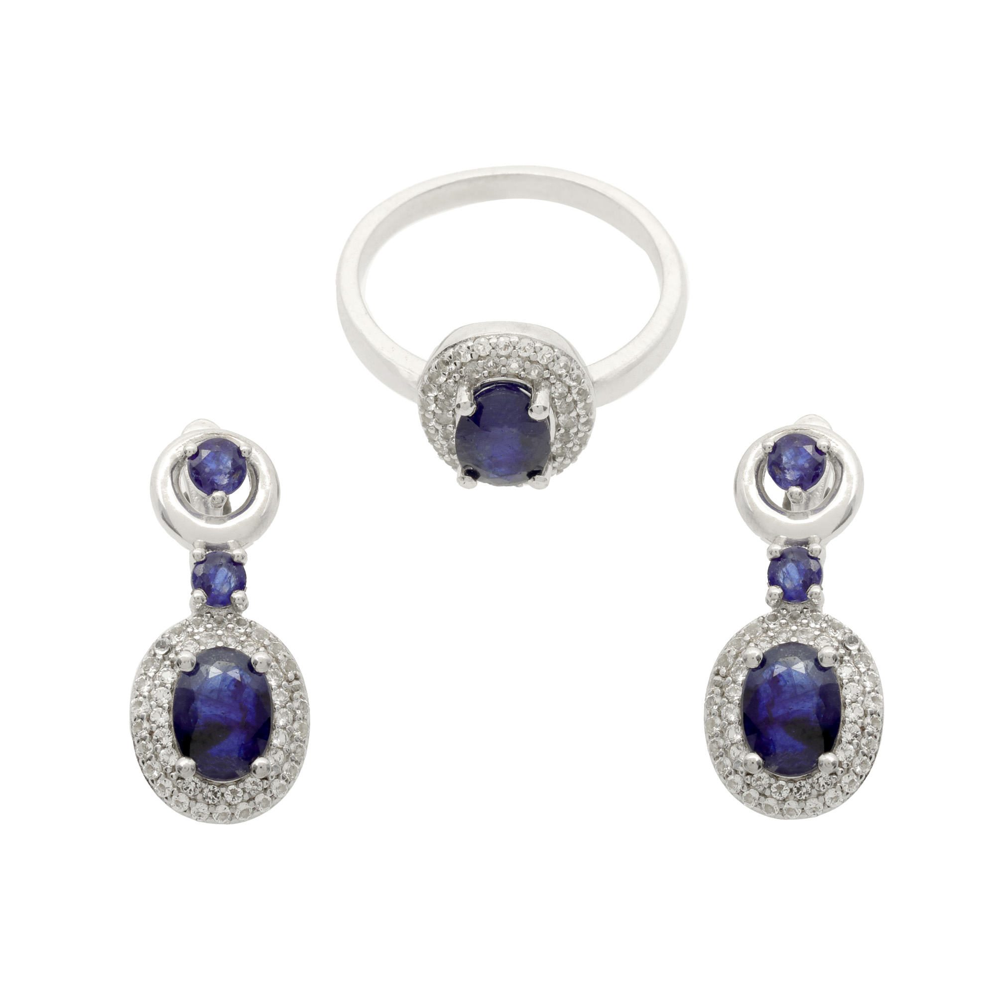 Silver set consisting of ring and pair of earrings, decorated with sapphires, in double topaz entourage