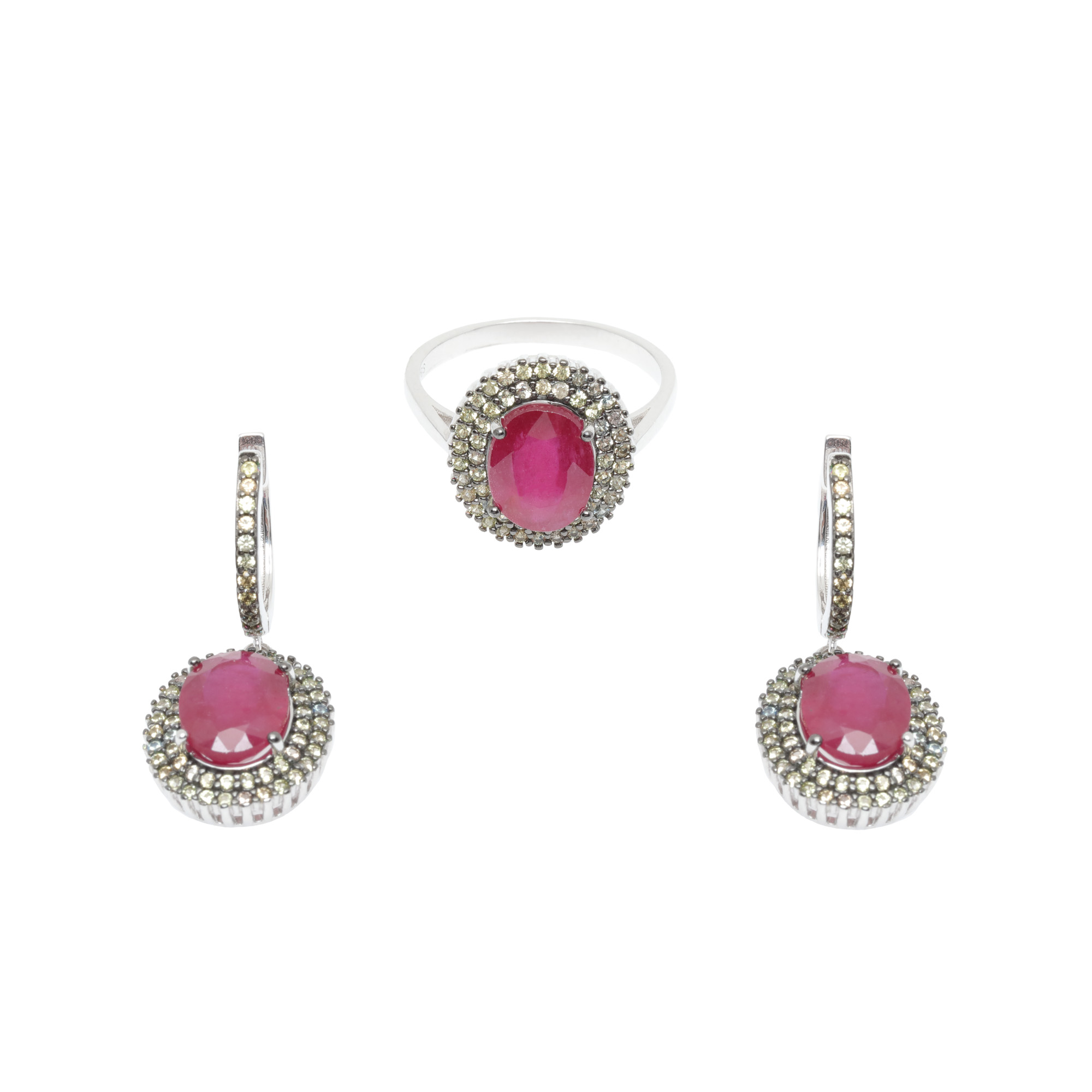 Silver set consisting of a pair of earrings and a ring, decorated with multicolored rubies and sapphires
