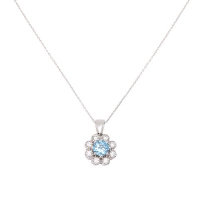 Lanț cu pandantiv din aur alb,  decorat cu topaz anturat de diamante
