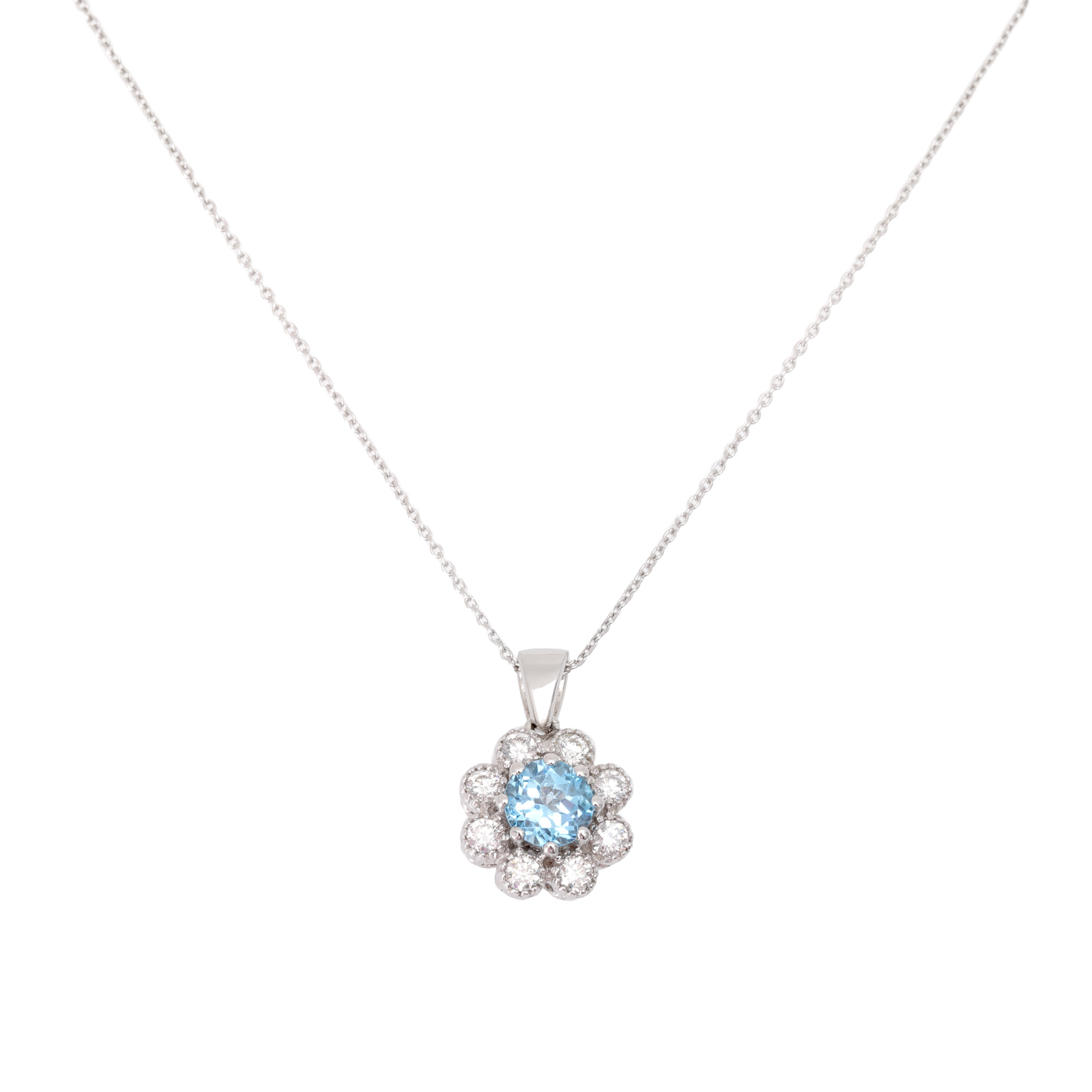 Lanț cu pandantiv din aur alb,  decorat cu topaz anturat de diamante