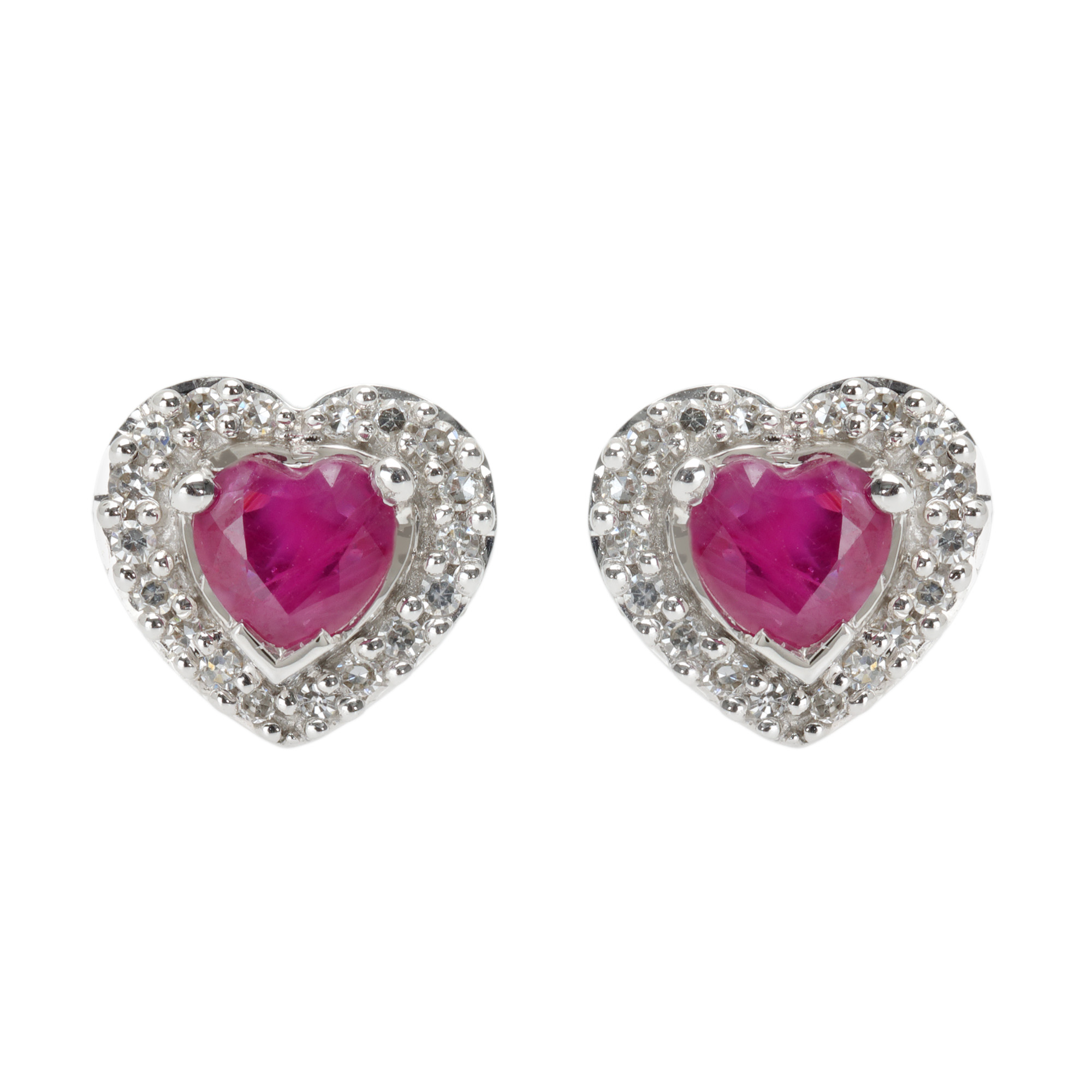Pair of white gold earrings, in the shape of a heart, decorated with rubies and diamonds