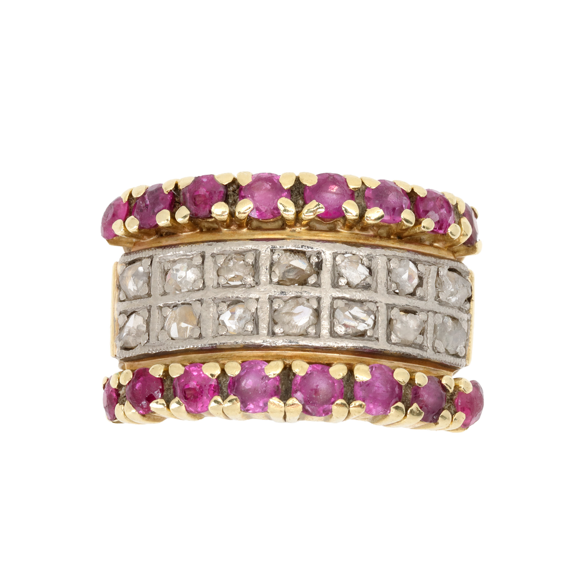 Gold and platinum ring, decorated with diamonds and rubies