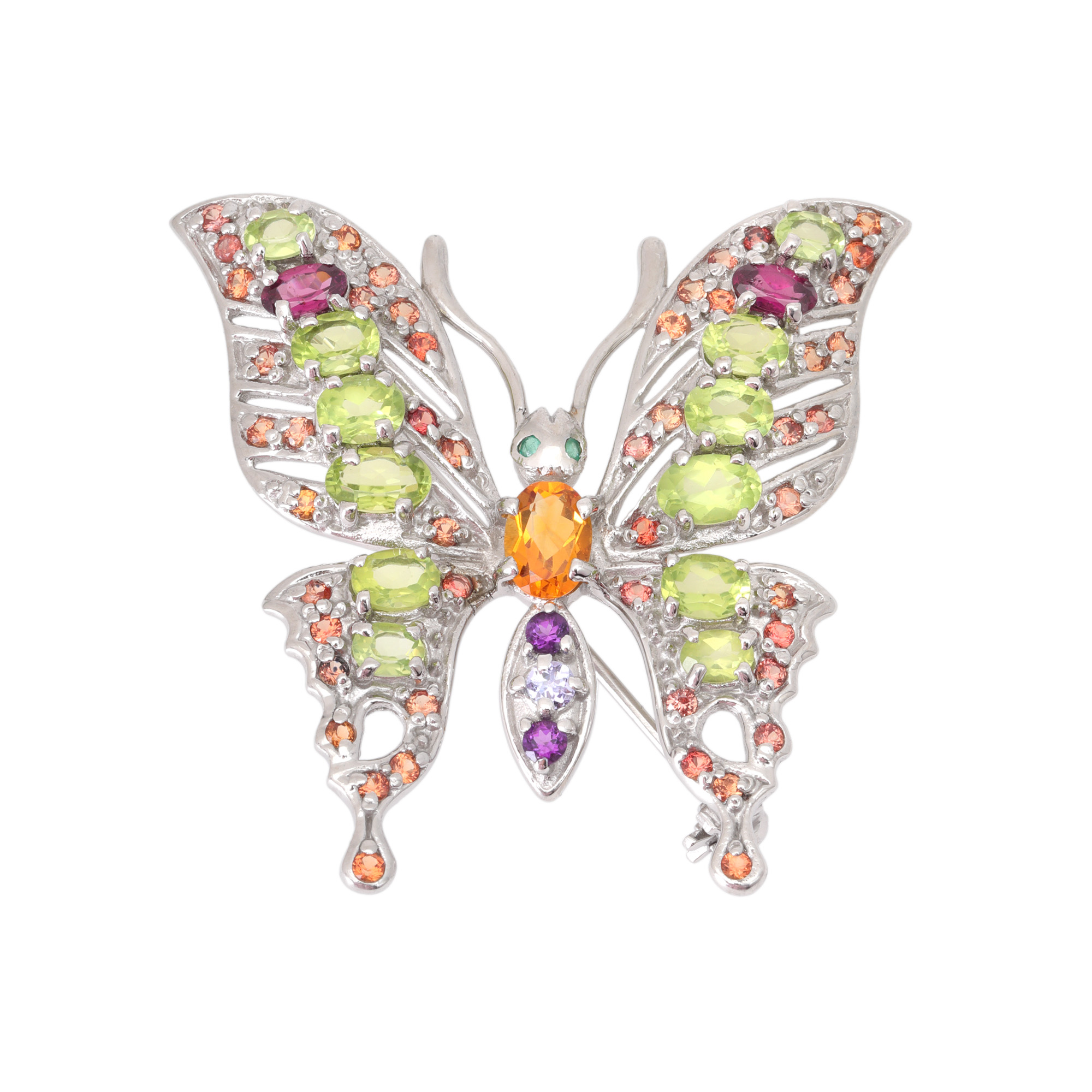 "Paradise Butterfly" - silver brooch, decorated with citrines, sapphires, emeralds, amethysts, peridots, rhodolites and tanzanites