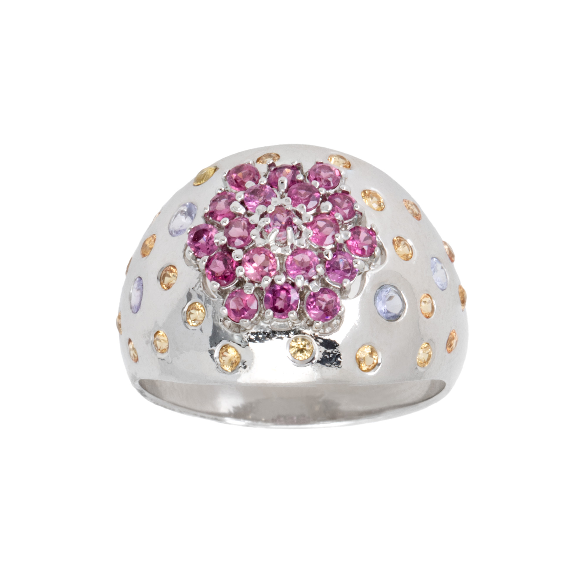 Silver ring, decorated with sapphires, rhodolite garnets and tanzanites