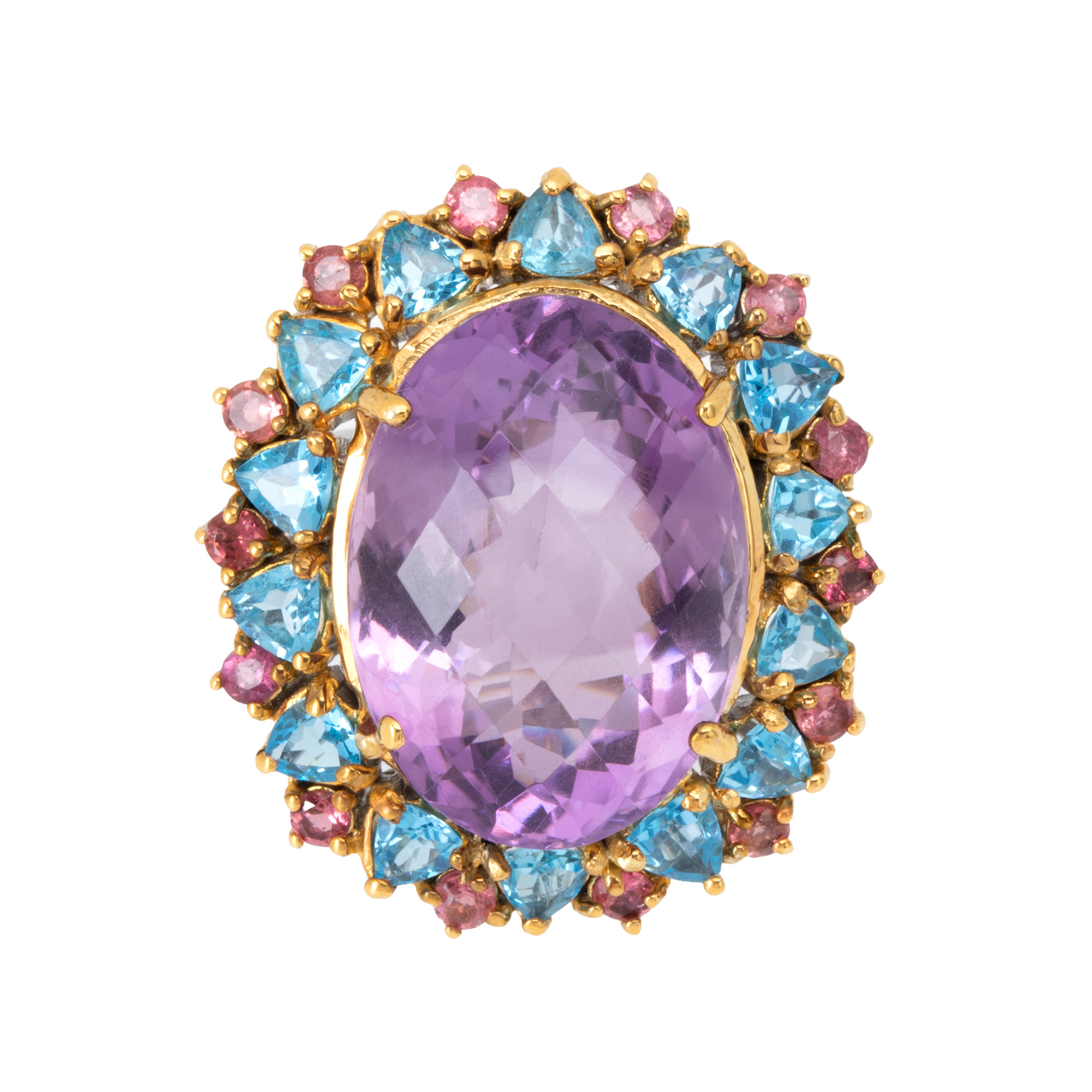 Silver ring, decorated with amethyst, topazes and tourmalines