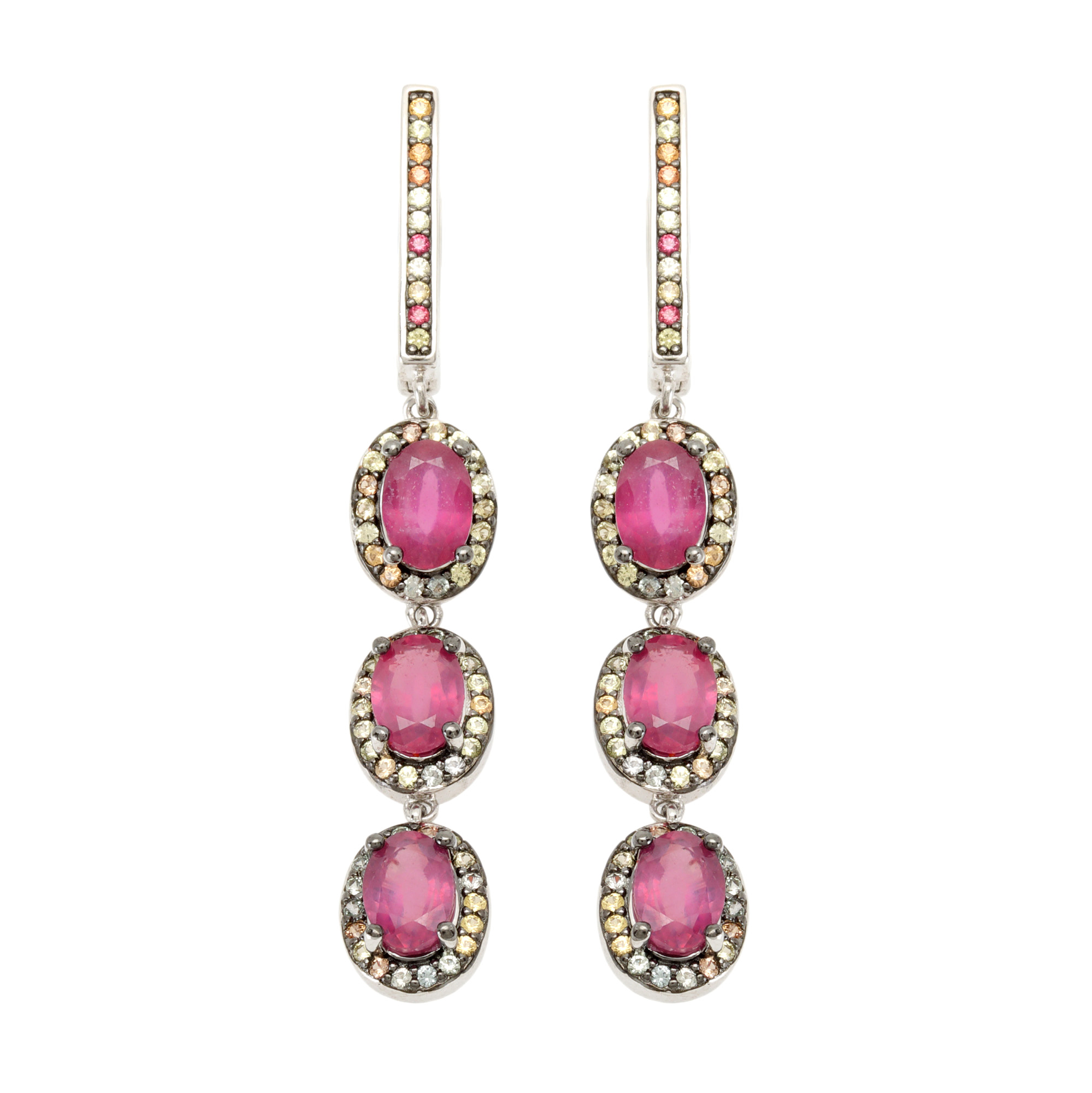 Pair of silver earrings, decorated with rubies and sapphires