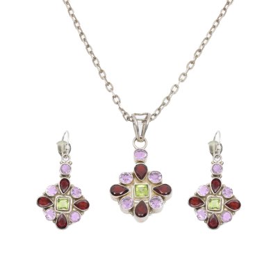 Set consisting of silver chain necklace with pendant and pair of earrings, decorated with amethysts, garnets and peridots
