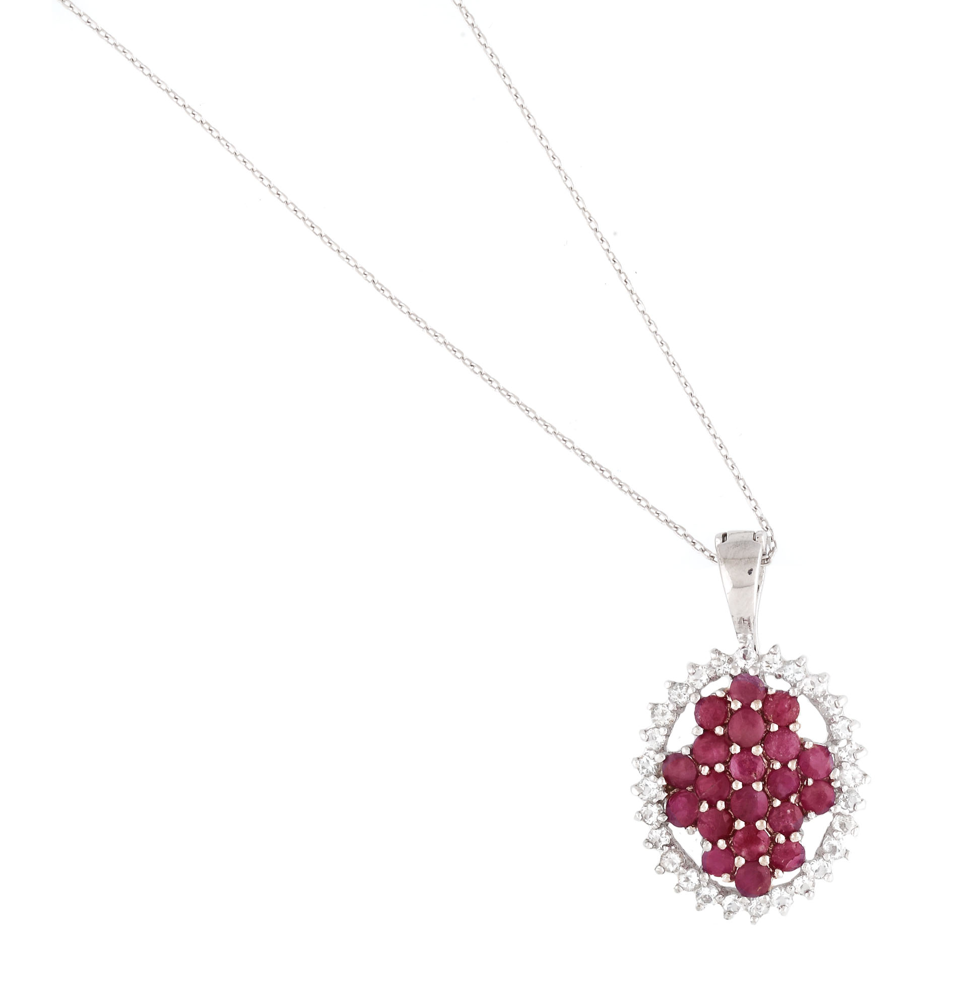 Silver chain and pendant, ornate with rubies and white topazes