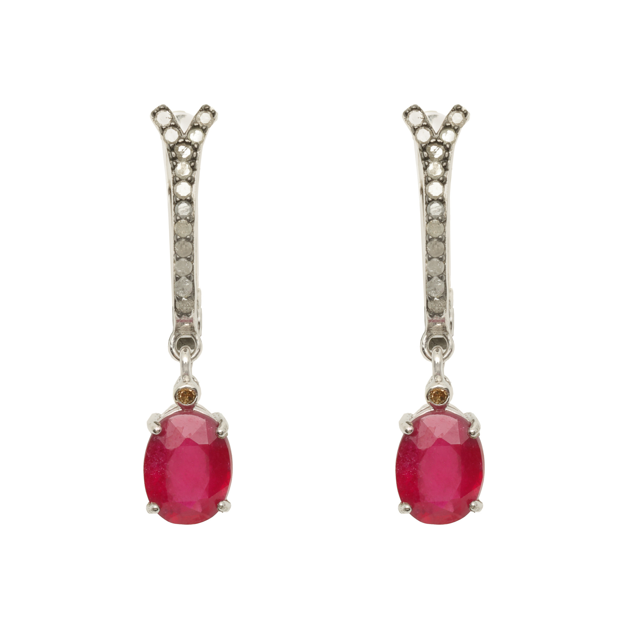 Pair of silver earrings, decorated with diamonds and rubies
