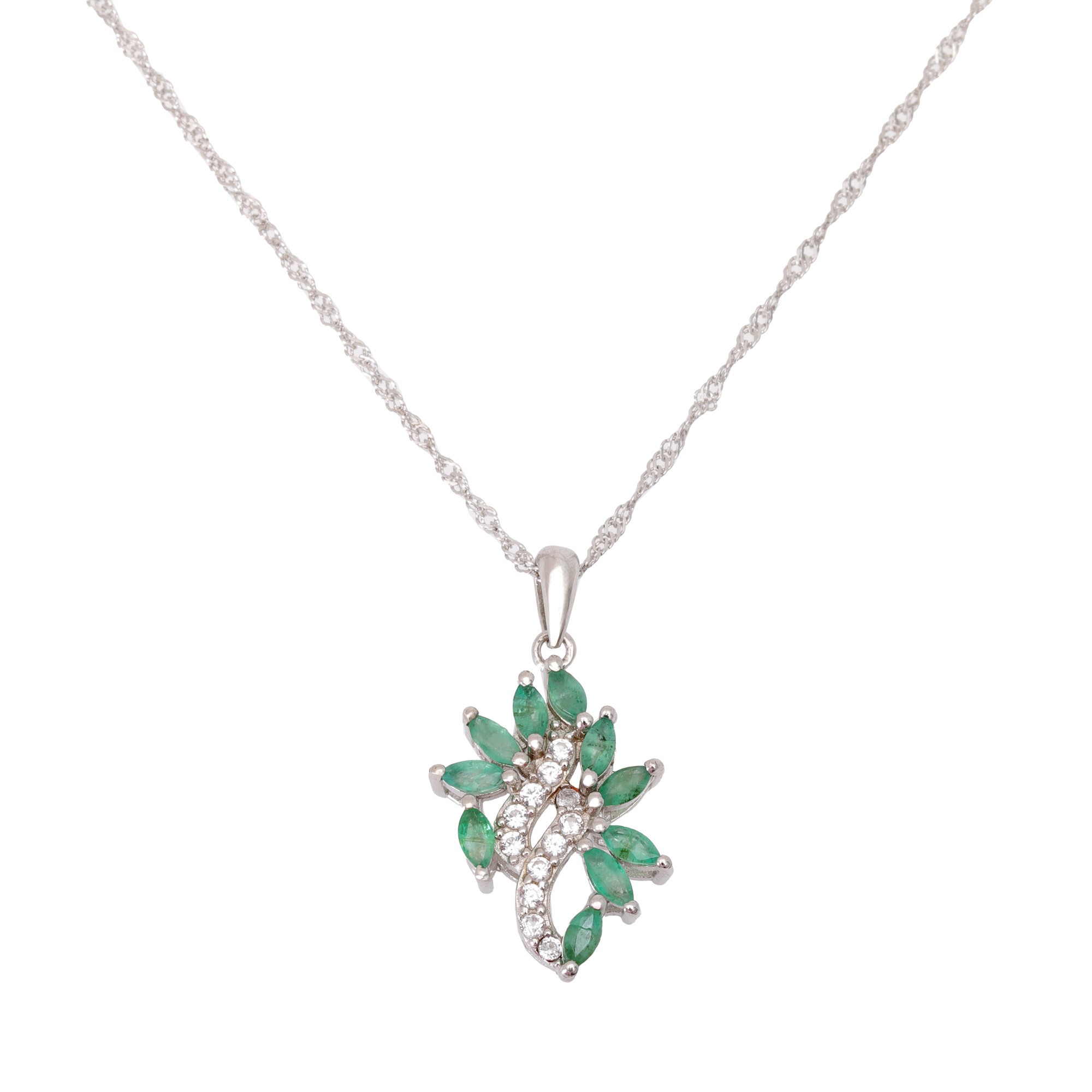Silver necklace with pendant, decorated with emeralds and topazes