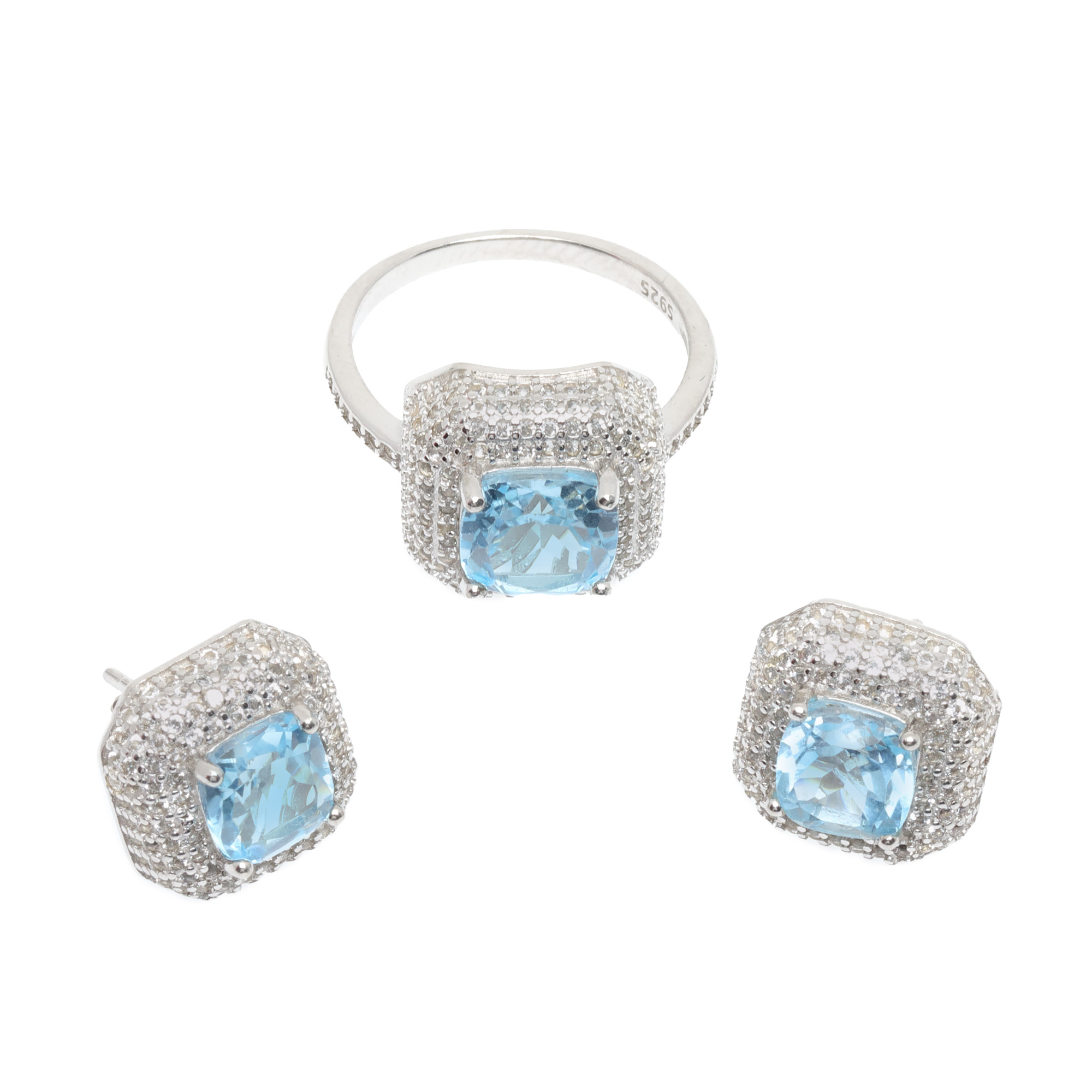 Set din argint, format din inel și pereche de cercei, decorat cu topaz London Blue și topaze
