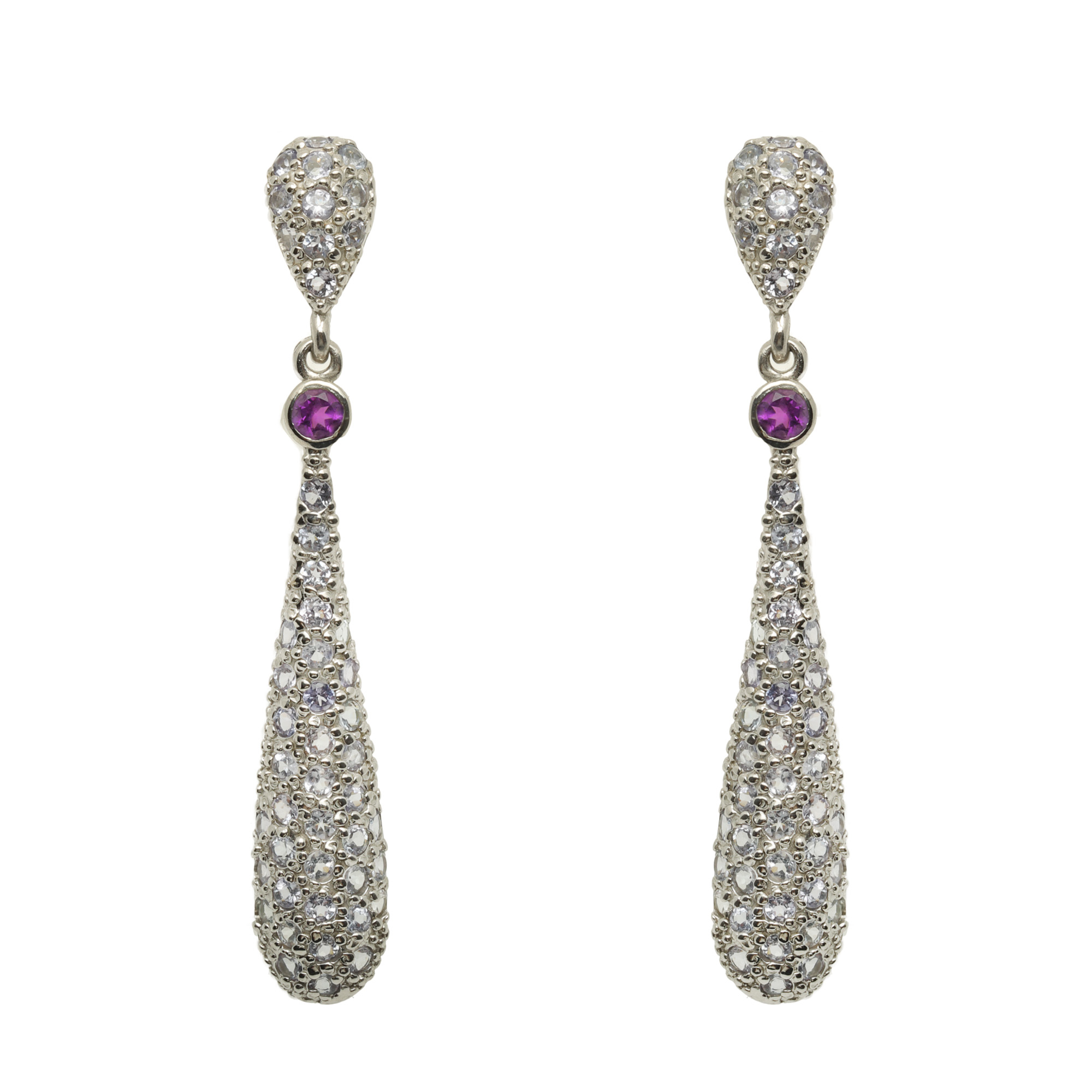 Pair of silver earrings, decorated with amethysts and tanzanites