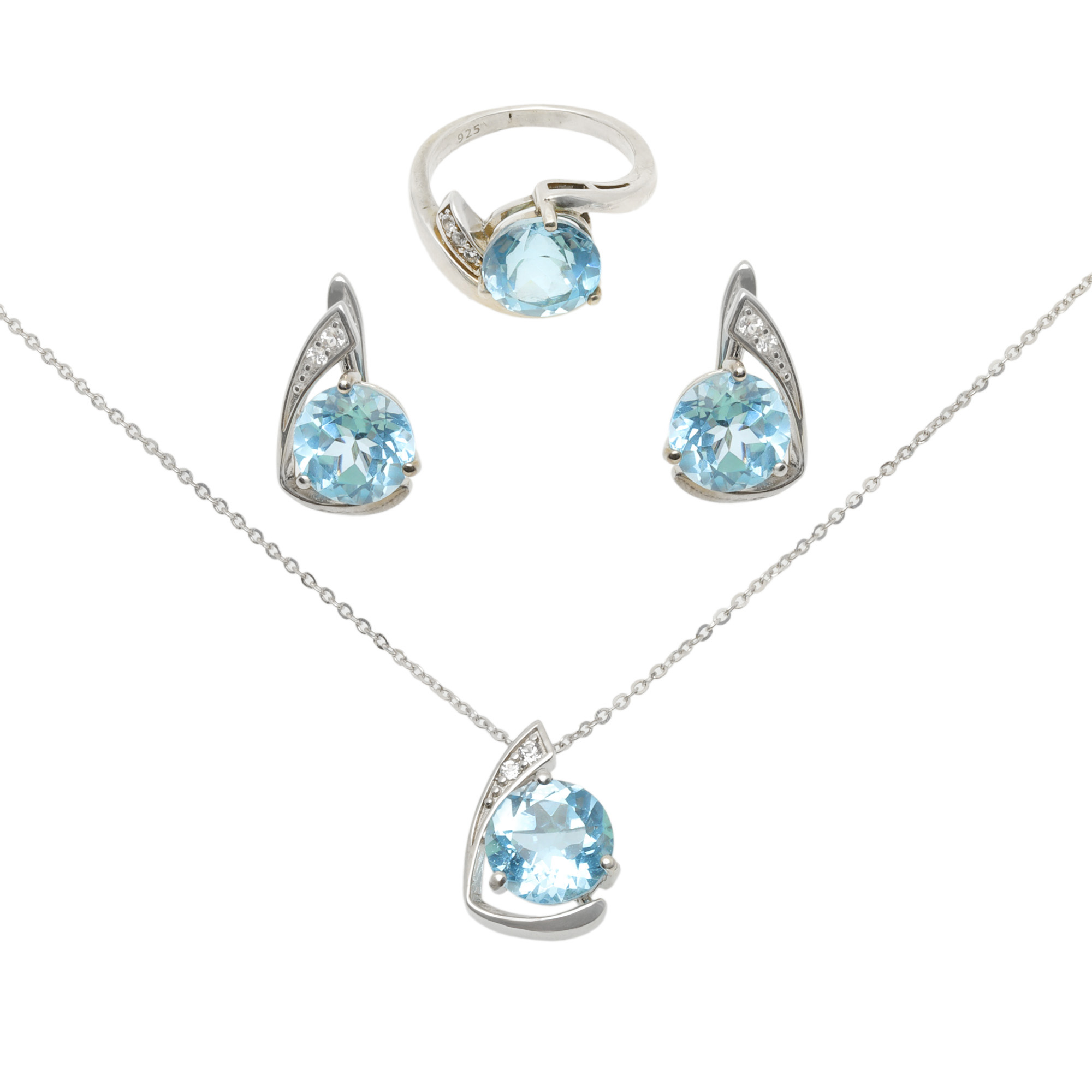 Set din argint, format din inel, lanț cu pandantiv și pereche de cercei, decorat cu london blue topaz și safire
