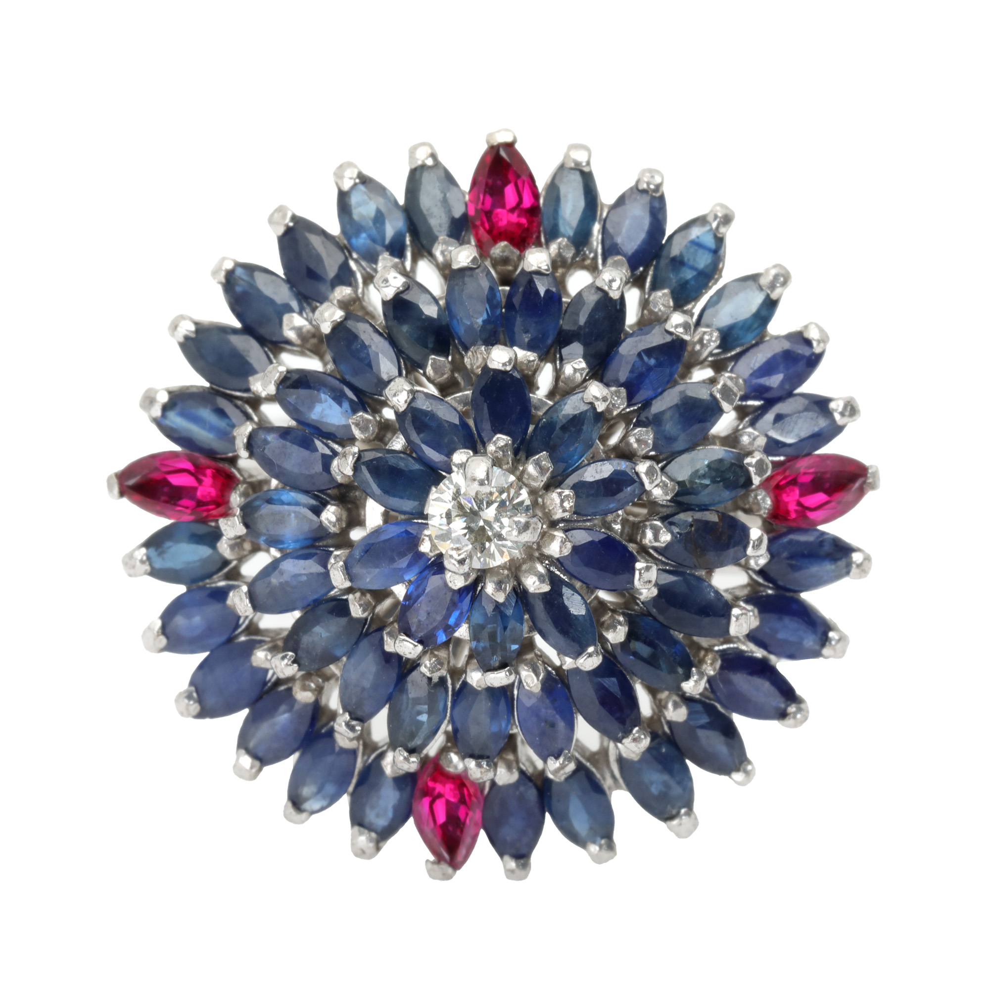 White gold ring, decorated with a central diamond, surrounded by sapphires