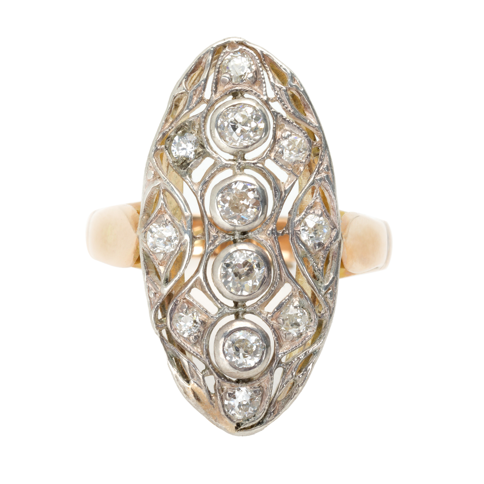 Art Deco gold and silver ring, decorated with diamonds